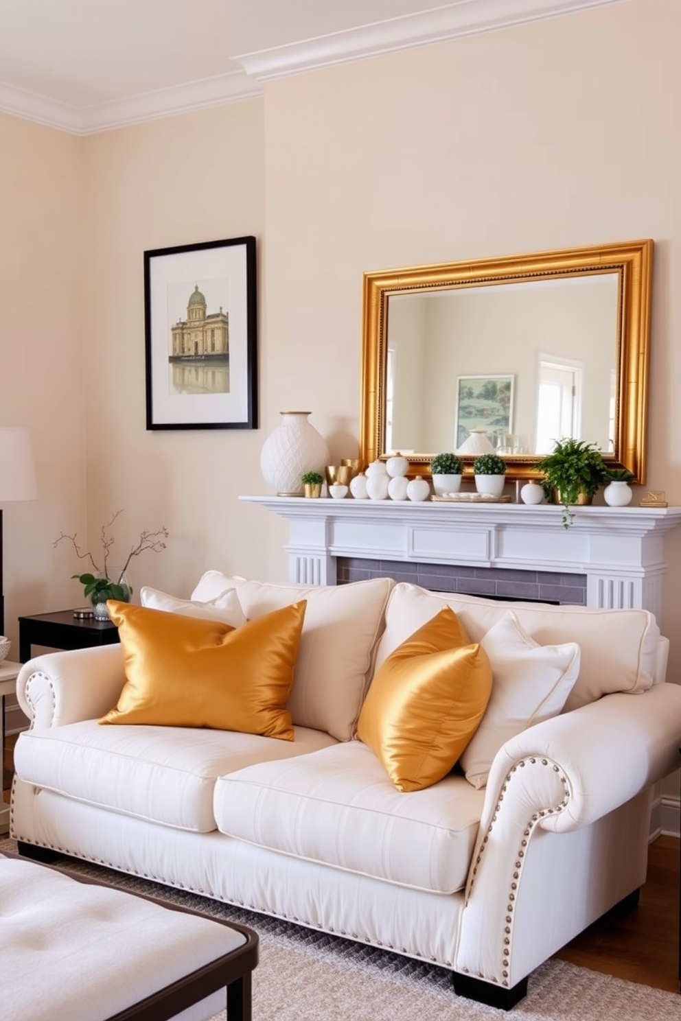 A cozy living room featuring neutral tones with gold accents. The walls are painted in a soft beige, and a plush cream sofa is adorned with gold and white throw pillows. On the mantel, a collection of decorative items in gold and white creates a harmonious display. A few small potted plants add a touch of greenery, while a large mirror with a gold frame reflects the warm atmosphere.