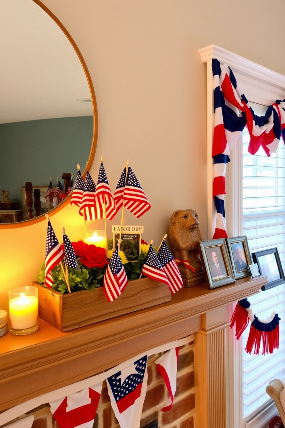 A cozy mantel adorned with miniature American flags creates a festive atmosphere for Labor Day. The flags are arranged in a rustic wooden box, complemented by seasonal flowers and small candles for added warmth. On the opposite side, a vibrant garland of red, white, and blue bunting drapes elegantly across the mantel. A few framed photographs of past Labor Day celebrations add a personal touch to the decor.