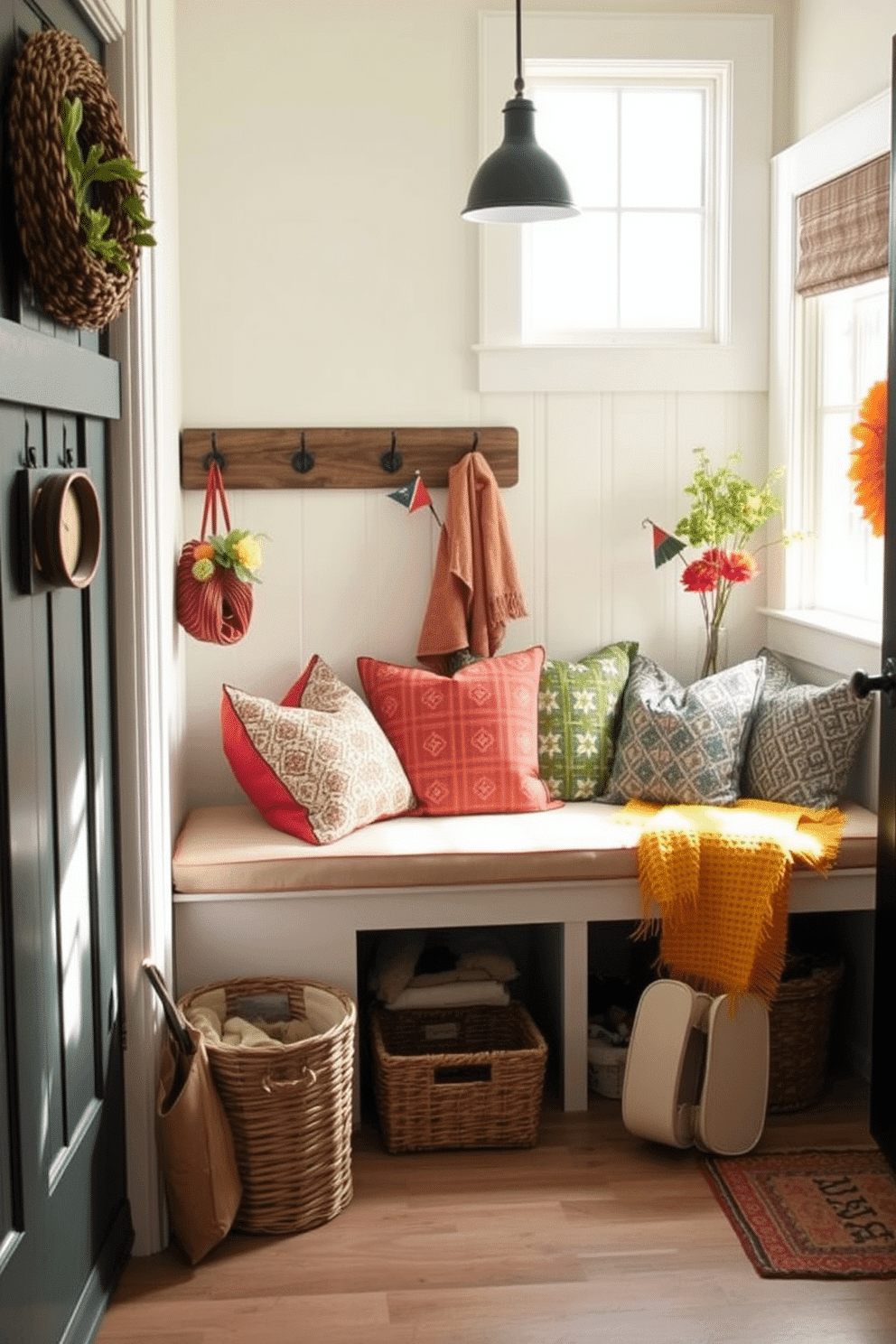 A cozy bench is positioned against the wall, adorned with an array of colorful cushions in various patterns and textures. Natural light streams in through a nearby window, enhancing the inviting atmosphere of the space. The mudroom features practical yet stylish decor ideas to celebrate Labor Day. A combination of rustic hooks and woven baskets provides organization while seasonal accents like small flags and autumn-themed decor add a festive touch.