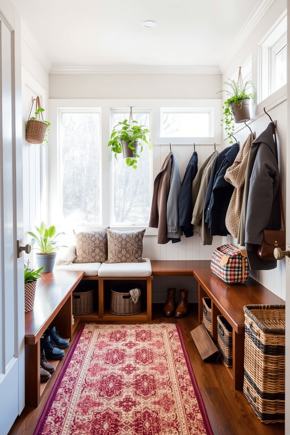 A cozy mudroom filled with natural light. There are built-in wooden benches with soft cushions and hooks for coats, adorned with potted plants for fresh greenery. The floor is covered with a durable patterned rug that adds a touch of color. Decorative baskets are neatly arranged to store shoes and outdoor gear, creating an inviting and functional space.