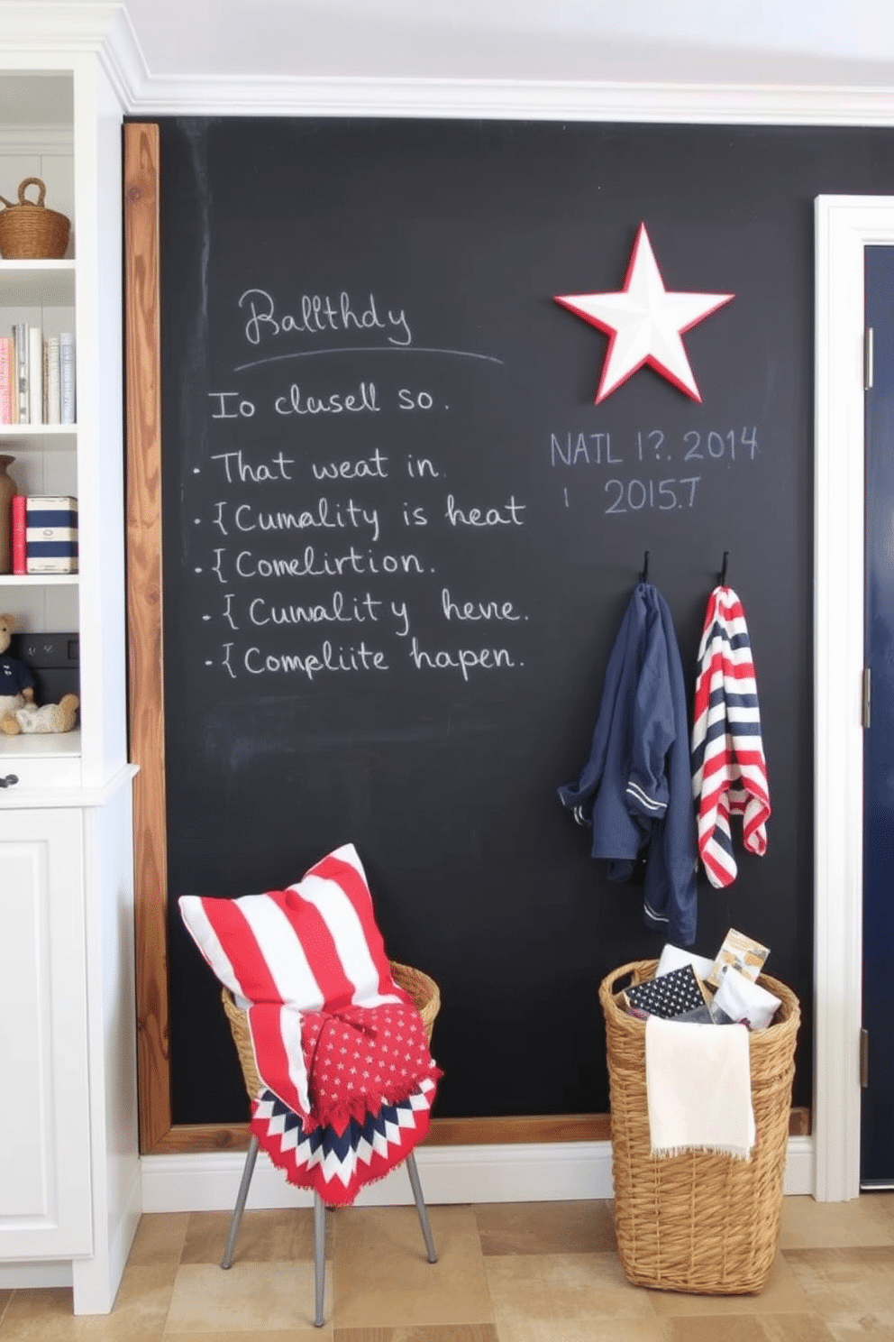 A chalkboard wall serves as a functional and stylish feature for messages and notes. The wall is framed with a rustic wooden border and is accompanied by colorful chalk and an eraser on a nearby shelf. For Labor Day mudroom decorating ideas, the space is adorned with patriotic decor including red, white, and blue accents. A bench with storage underneath is flanked by hooks for coats and a woven basket filled with seasonal items.