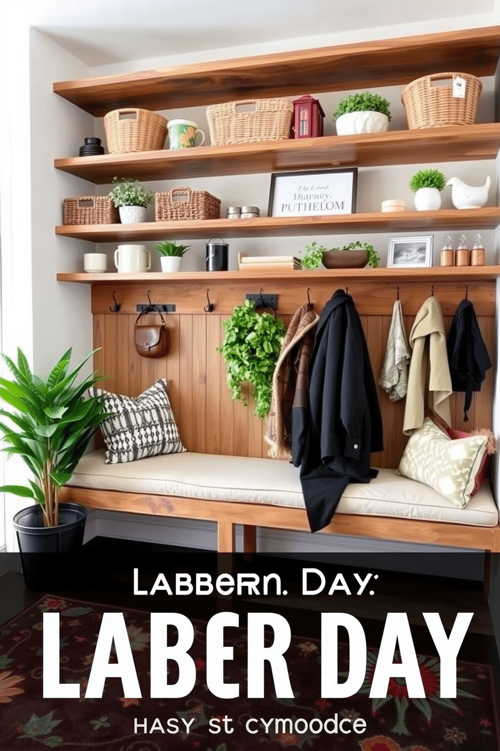 Open shelving for easy organization. The shelves are made of reclaimed wood, displaying neatly arranged baskets, plants, and decorative items. Labor Day mudroom decorating ideas. The space features a bench with cushioned seating, hooks for coats, and a vibrant rug that adds a pop of color.