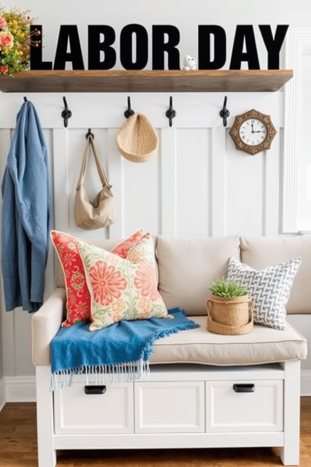 Seasonal decor accents for festive touch. Incorporate vibrant throw pillows and a cozy blanket on a neutral sofa to create a welcoming atmosphere. Labor Day mudroom decorating ideas. Use rustic hooks for hanging jackets and a sturdy bench with storage underneath to keep the space organized and functional.