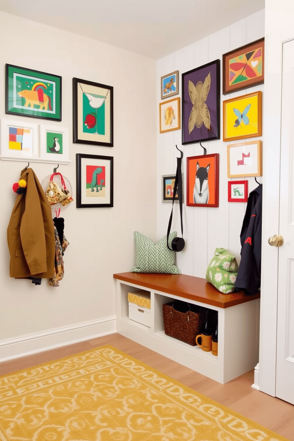 A vibrant mudroom filled with colorful framed prints that add a playful touch to the space. The walls are painted in a light neutral color, allowing the artwork to stand out, while a bench with storage sits against one wall. Decorative hooks are mounted above the bench for hanging bags and jackets, providing both functionality and style. A patterned rug adds warmth underfoot, completing the inviting atmosphere of this well-designed mudroom.