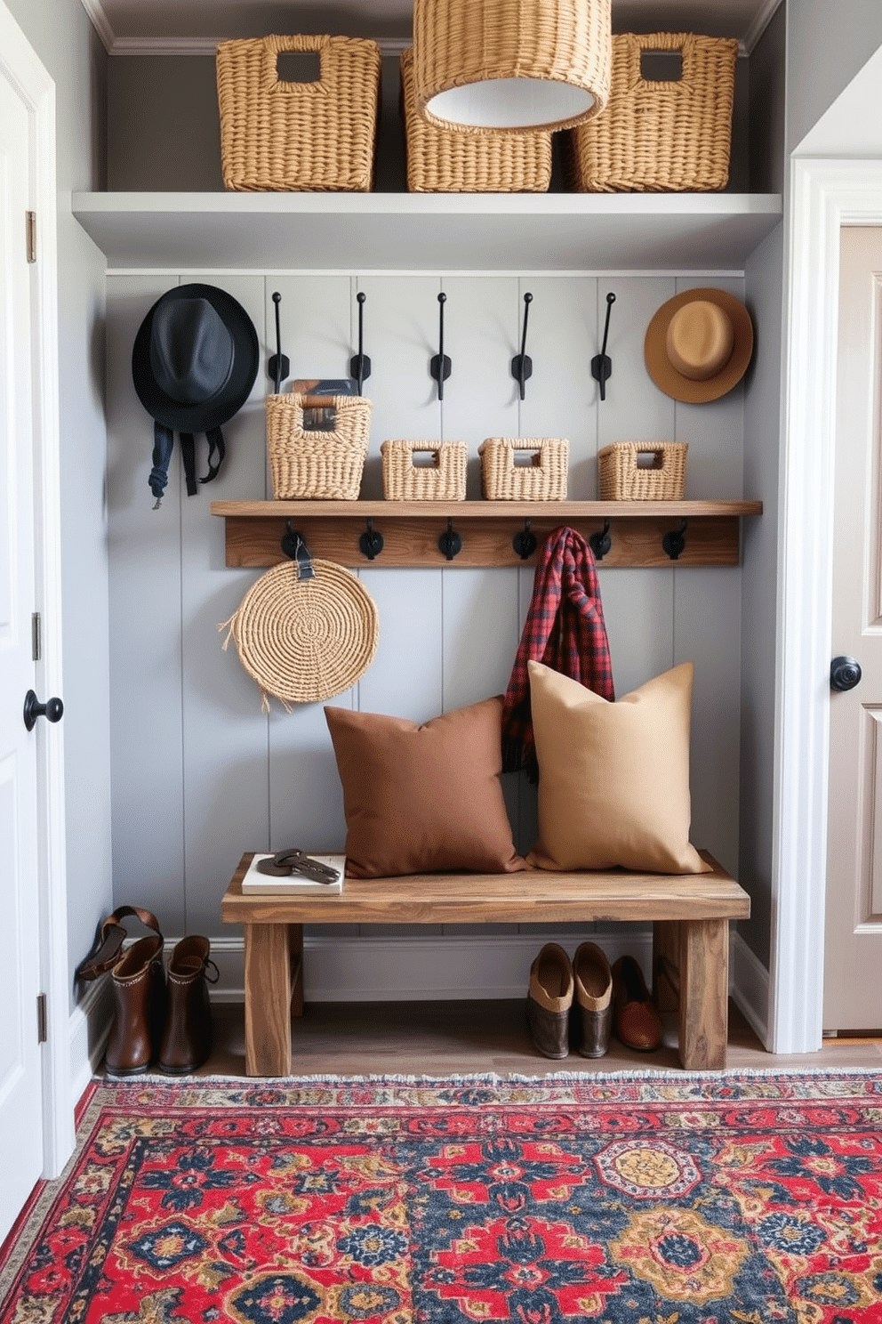 A stylish mudroom featuring decorative baskets for storage and style. The baskets are woven in natural fibers and arranged neatly on a wooden shelf, adding warmth and texture to the space. The walls are painted in a soft gray tone, complemented by a rustic bench with plush cushions. A vibrant area rug anchors the room, while hooks for coats and hats add functionality and charm.