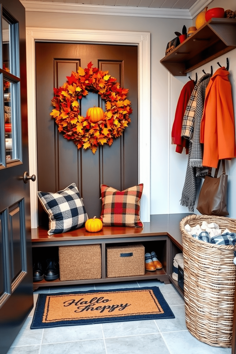 A seasonal wreath made of vibrant autumn leaves and small pumpkins adorns the front door, creating a warm and inviting entrance. The wreath is complemented by a cozy doormat that welcomes guests with a cheerful greeting. The mudroom features a stylish bench with built-in storage for shoes and bags, decorated with soft plaid cushions. Hooks line the walls, holding colorful jackets and scarves, while a large basket in the corner keeps the space organized and tidy.