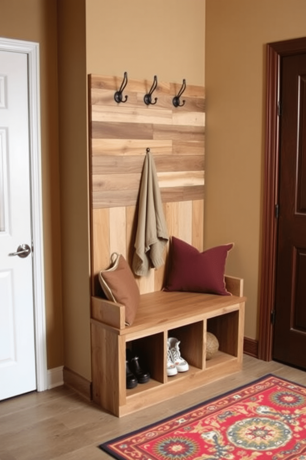 A stylish mudroom featuring a wall-mounted shoe rack designed for space-saving. The shoe rack is made of reclaimed wood, providing a rustic charm, and is complemented by a bench with plush cushions for comfort. The walls are painted in a warm beige tone, creating an inviting atmosphere. Decorative hooks are installed above the shoe rack for hanging coats, and a vibrant area rug adds a pop of color to the floor.