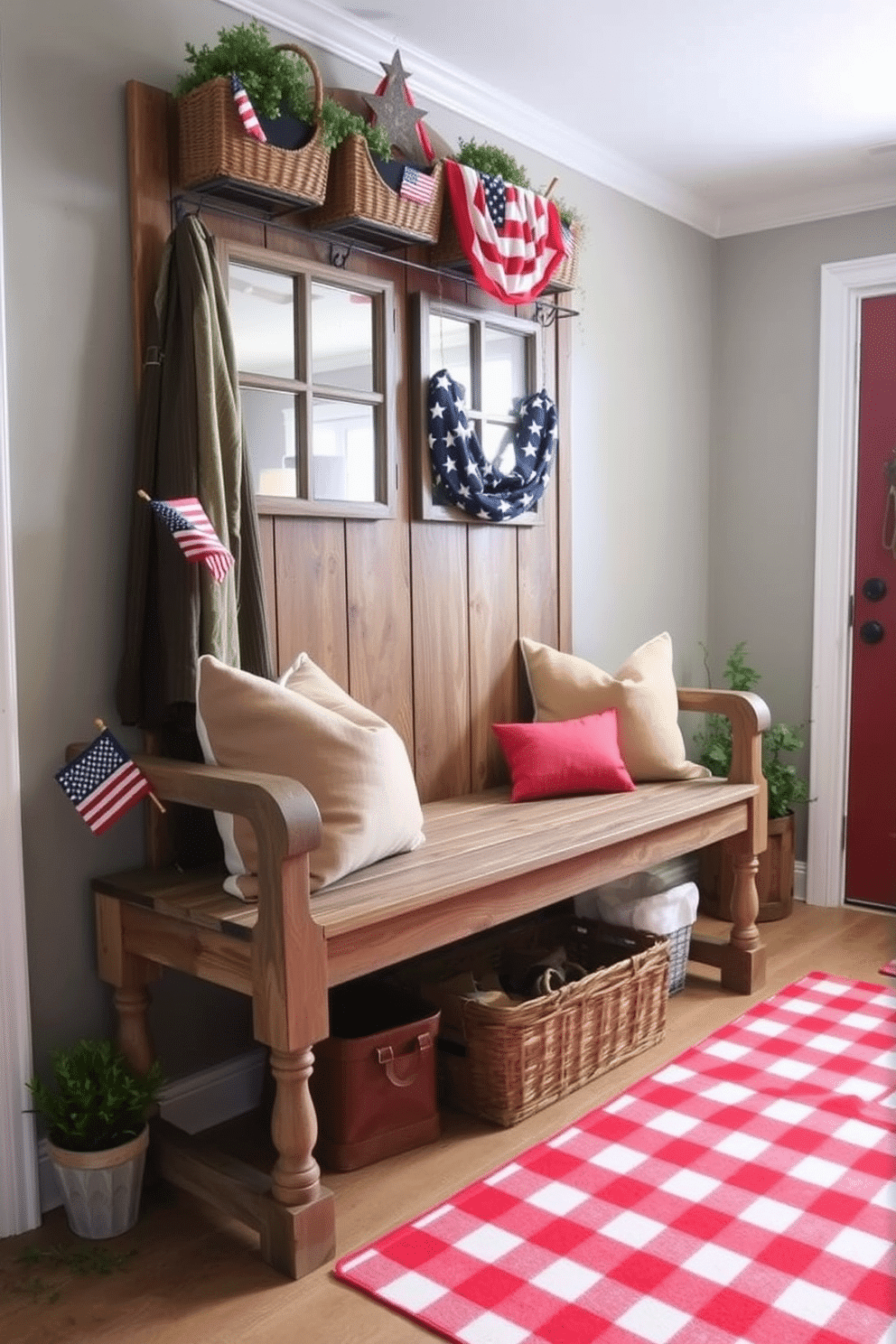 A rustic wooden bench is positioned against the wall, adding a touch of farmhouse charm to the space. The bench features a weathered finish and is adorned with cozy throw pillows in earthy tones. The mudroom is decorated for Labor Day with festive accents including small American flags and rustic baskets. A vibrant red and white checkered rug anchors the space, enhancing the welcoming atmosphere.