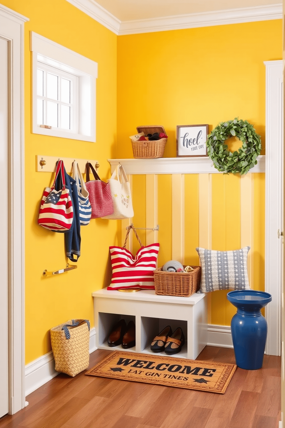 Bright wall paint creates a cheerful atmosphere that instantly uplifts the mood of any space. The room features a vibrant yellow hue complemented by white trim and accents, enhancing the sense of light and joy. For Labor Day mudroom decorating ideas, consider incorporating patriotic colors like red, white, and blue. Add functional storage solutions such as hooks for bags and baskets for shoes, while decorative elements like a welcome mat can enhance the festive spirit.