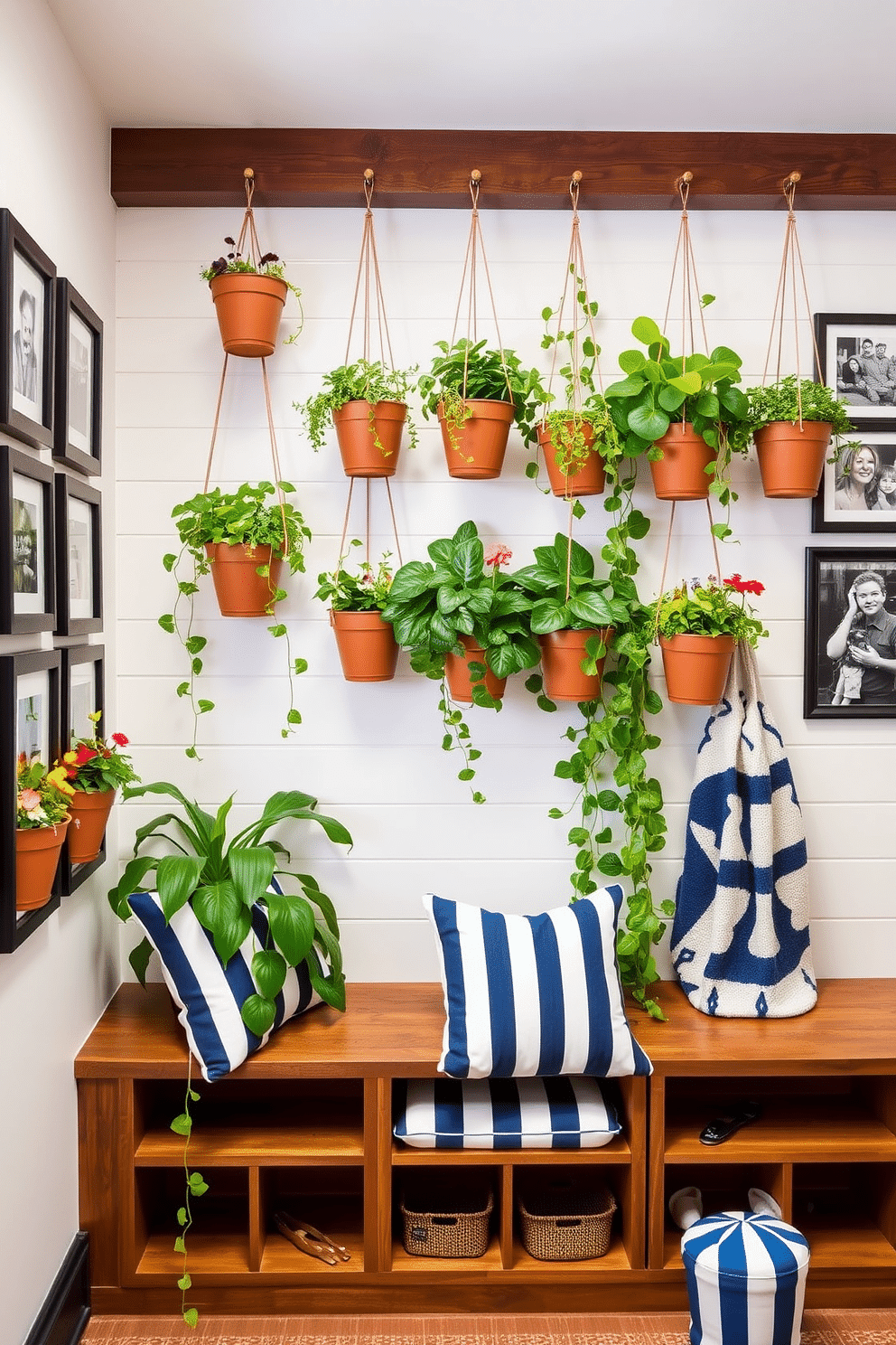 Hanging planters for vertical gardening. The planters are made of terracotta and suspended at varying heights from a wooden beam, creating a lush green wall filled with cascading vines and colorful flowers. Labor Day Mudroom Decorating Ideas. The mudroom features a built-in bench with storage cubbies below, adorned with navy blue and white striped cushions, while a gallery wall of framed family photos adds a personal touch.