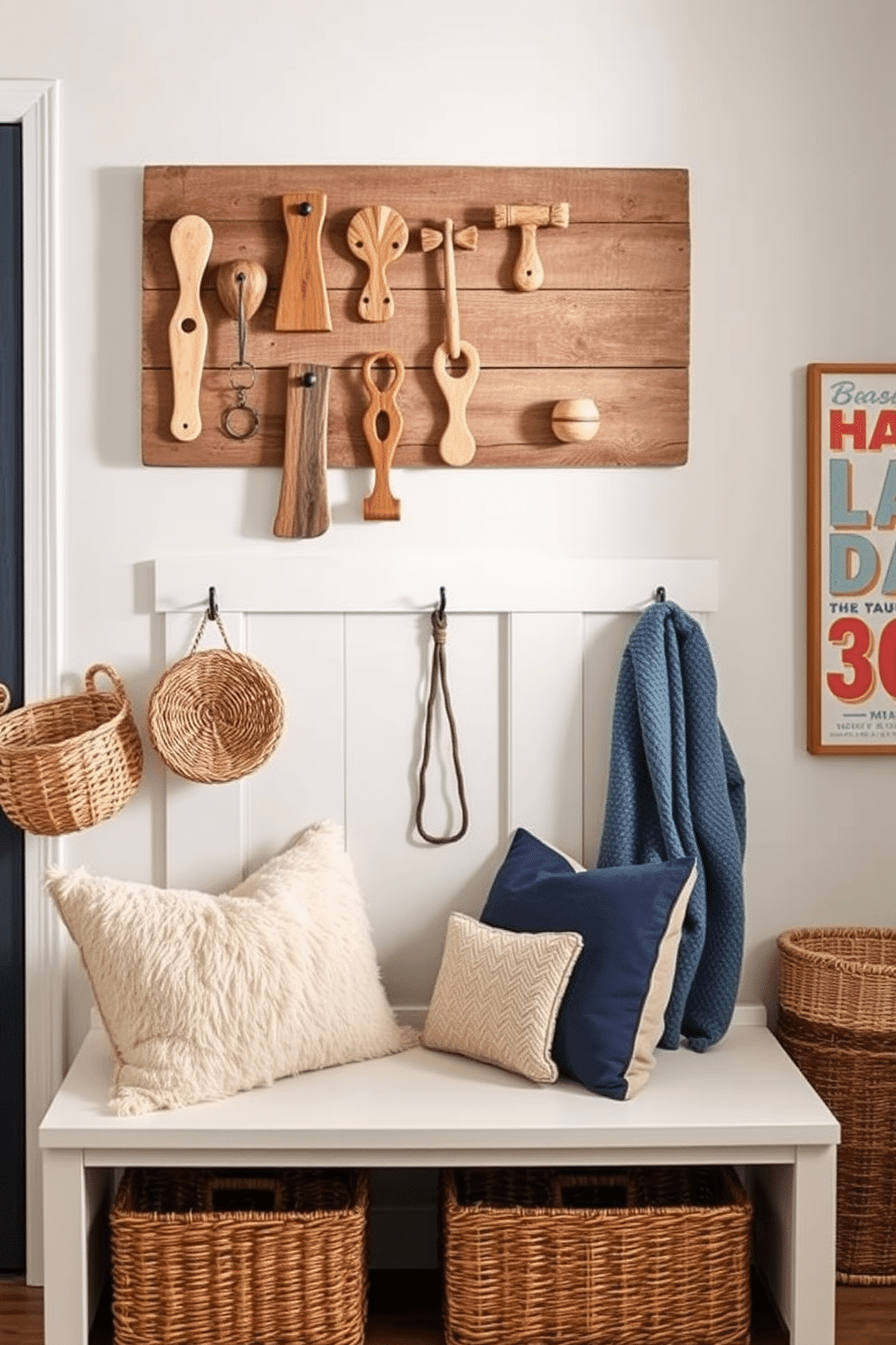 Artistic hooks for unique style. A series of handcrafted wooden hooks in varying shapes and sizes are mounted on a reclaimed wood board, creating an eye-catching focal point. Labor Day Mudroom Decorating Ideas. The mudroom features a cozy bench with plush cushions, surrounded by woven baskets for storage and vibrant wall art that celebrates the spirit of Labor Day.