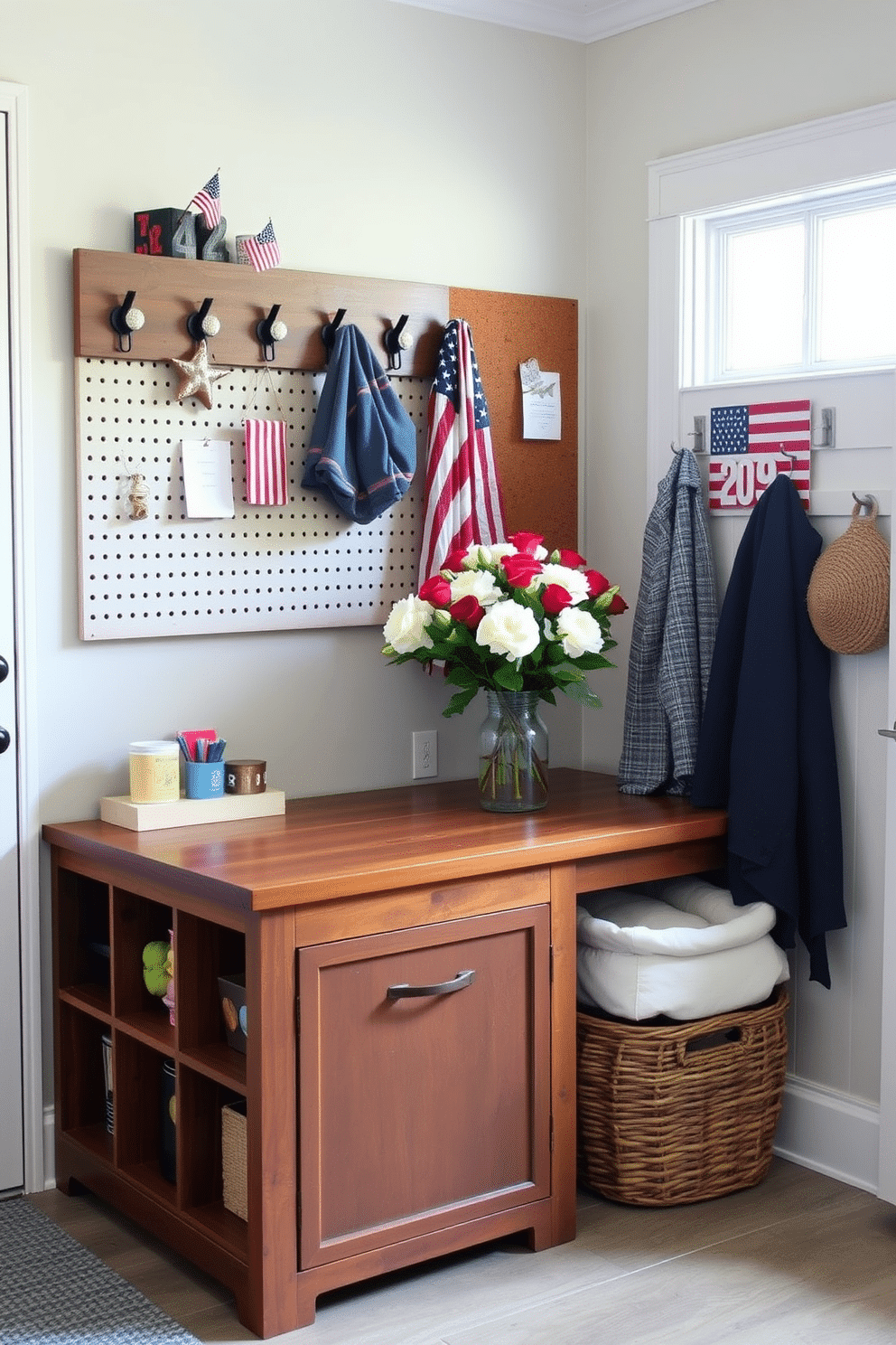 A functional mudroom desk designed for organization features a sturdy wooden surface with built-in storage compartments. Above the desk, a pegboard displays hooks for coats and bags, while a corkboard provides a space for important notes and reminders. For Labor Day mudroom decorating ideas, incorporate seasonal decor such as small American flags and red, white, and blue accents. Use woven baskets for storage and arrange fresh flowers in a rustic vase to create a welcoming atmosphere.