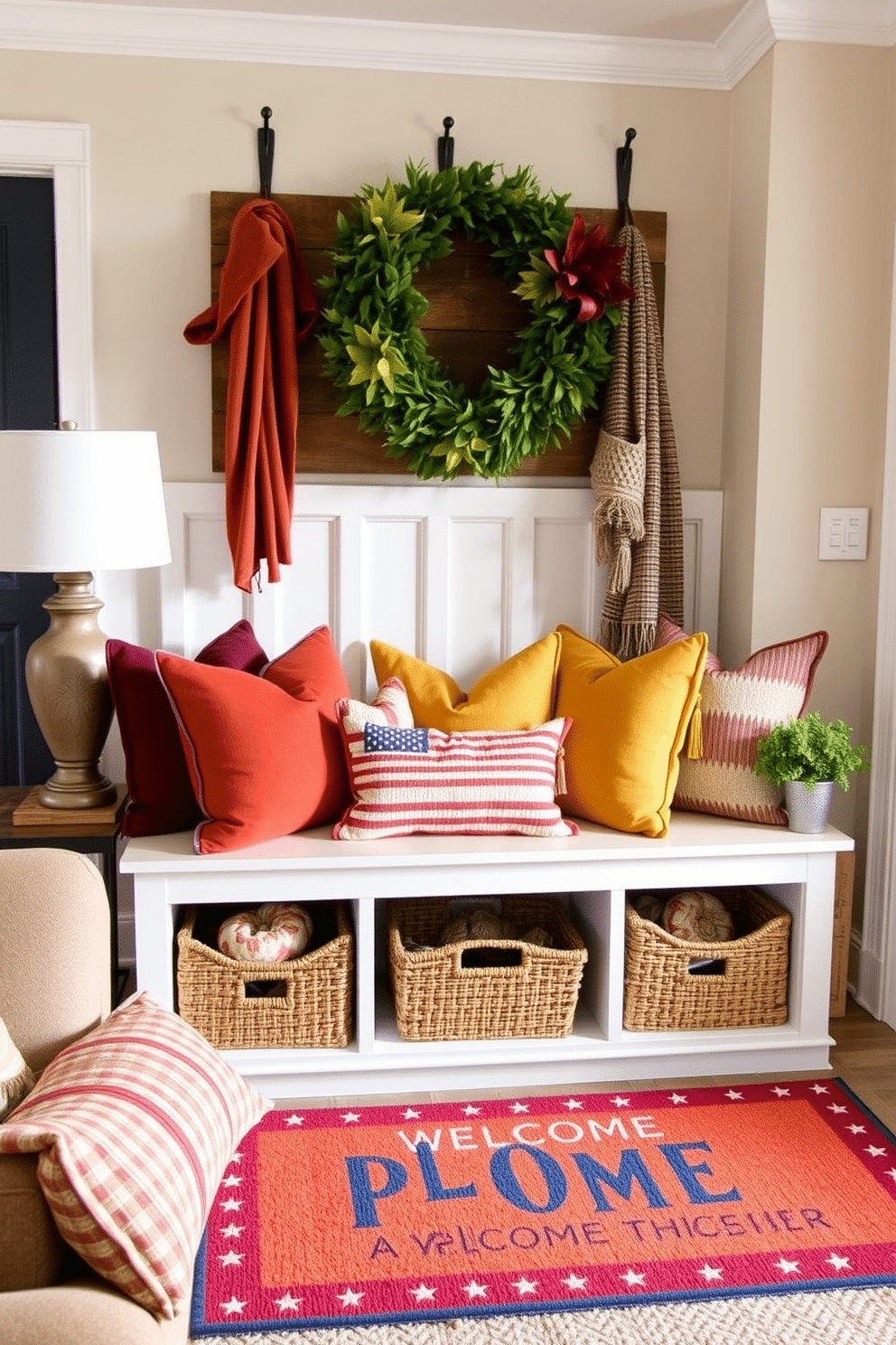 Seasonal throw pillows for comfort. A cozy living room features an assortment of throw pillows in autumn hues like burnt orange, mustard yellow, and deep burgundy. Labor Day mudroom decorating ideas. The mudroom showcases a functional bench with built-in storage, adorned with patriotic-themed decor and a vibrant welcome mat that invites guests into the home.