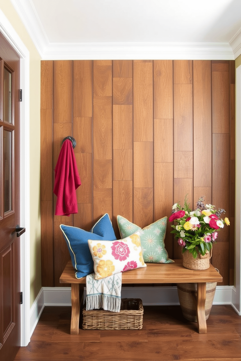 Textured wall panels create a stunning focal point in the mudroom. The panels are designed in a rich wood finish, adding warmth and depth to the space. For Labor Day, the mudroom is adorned with seasonal decor. A rustic bench is complemented by vibrant throw pillows and a woven basket filled with fresh flowers.