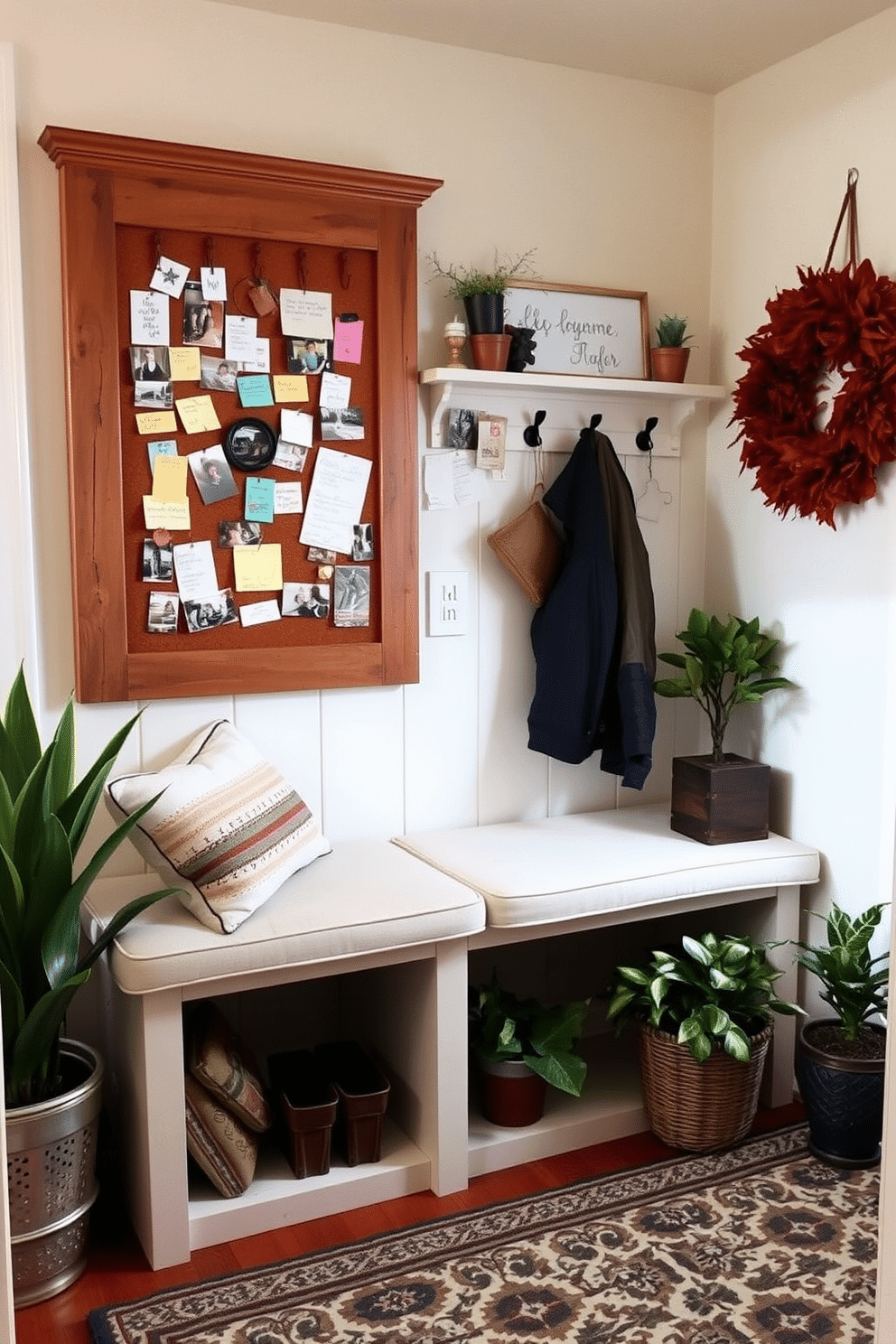 A cozy mudroom with a corkboard for notes and reminders. The corkboard is framed in rustic wood and filled with colorful notes, photos, and seasonal decorations. The mudroom features a built-in bench with plush cushions and hooks for hanging jackets. A patterned rug adds warmth to the space, while potted plants bring a touch of nature indoors.