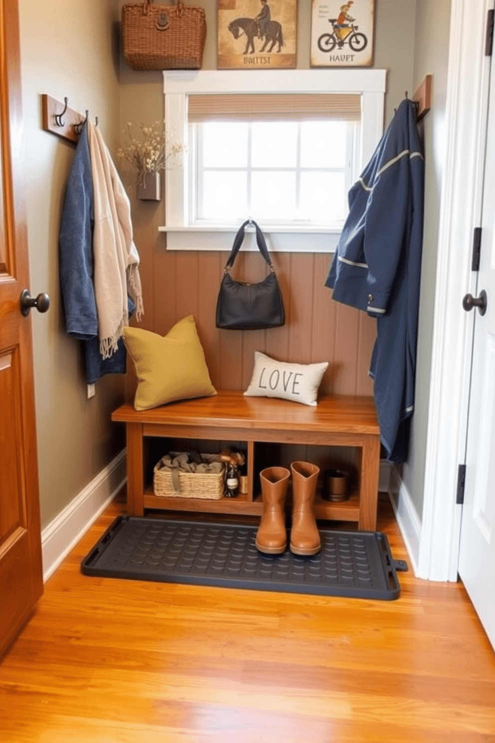 A stylish boot tray designed for muddy shoes sits at the entrance of a beautifully decorated mudroom. The tray is made of durable rubber with raised edges to contain moisture and dirt, featuring a sleek modern design that complements the overall aesthetic. Incorporating Labor Day mudroom decorating ideas, the space showcases a warm color palette with rustic wooden hooks for hanging coats and bags. A cozy bench with storage underneath invites guests to sit while removing their shoes, enhancing both functionality and style.