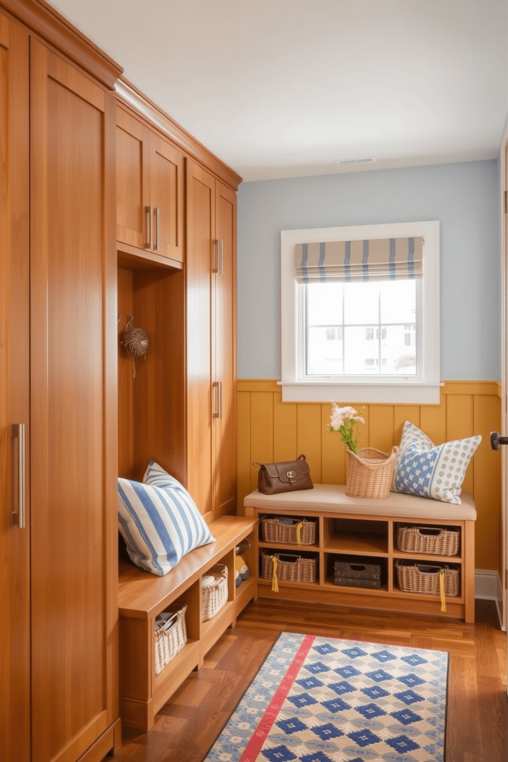 Custom cabinetry for tailored storage solutions. The design features sleek wooden cabinets that blend seamlessly with the wall, providing ample storage without compromising on style. Labor Day Mudroom Decorating Ideas. The space is brightened with cheerful colors and functional elements like hooks for coats, a bench for seating, and decorative baskets for organization.