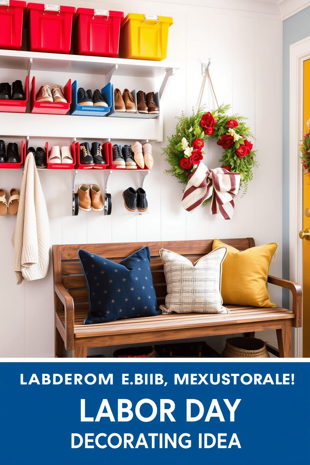 Brightly colored storage bins for shoes are organized neatly along the wall of a stylish mudroom. The bins are in vibrant hues of red, blue, and yellow, adding a playful touch to the space while keeping shoes tidy and accessible. Labor Day mudroom decorating ideas include a welcoming entryway with seasonal decor. A rustic bench is adorned with cozy pillows, and a cheerful wreath hangs on the door, inviting guests to enjoy the holiday spirit.