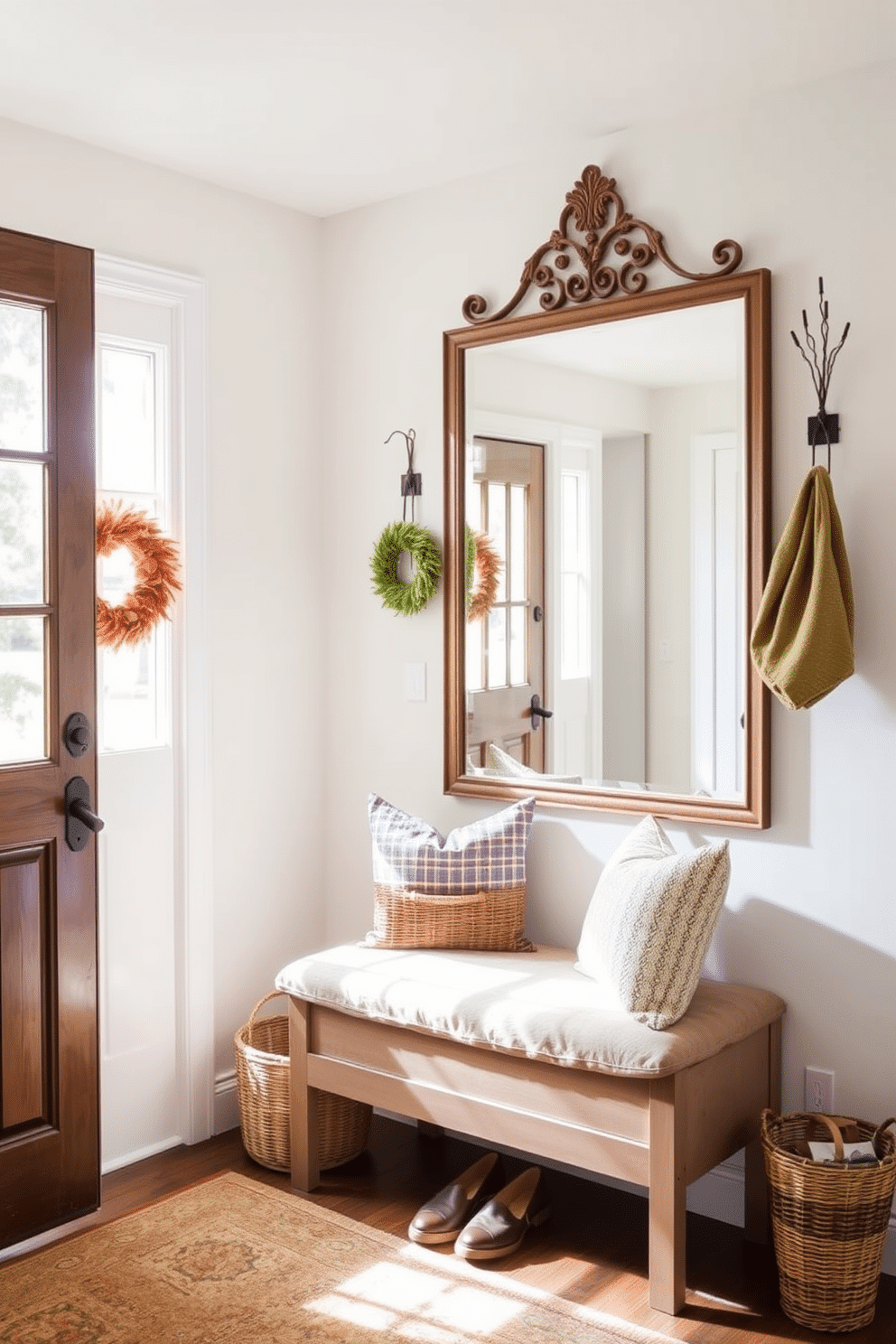 A decorative wall mirror is placed prominently in the mudroom to create a spacious feel. It reflects natural light and enhances the overall brightness of the space. For Labor Day, the mudroom is adorned with seasonal decorations that include rustic elements like woven baskets and autumn-themed accents. A cozy bench with soft cushions invites guests to sit and remove their shoes, making the space both functional and inviting.