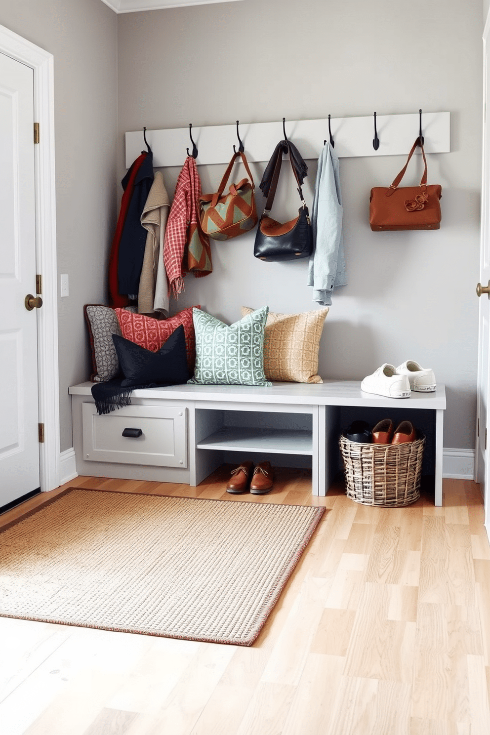 A cozy mudroom featuring layered rugs that add warmth and texture to the space. The walls are painted in a soft gray, and a bench with built-in storage sits against one side, adorned with colorful throw pillows. On the floor, a large jute rug is topped with a smaller patterned rug to create depth. Hooks line the wall above the bench, displaying stylish coats and bags, while a decorative basket holds shoes and outdoor gear.