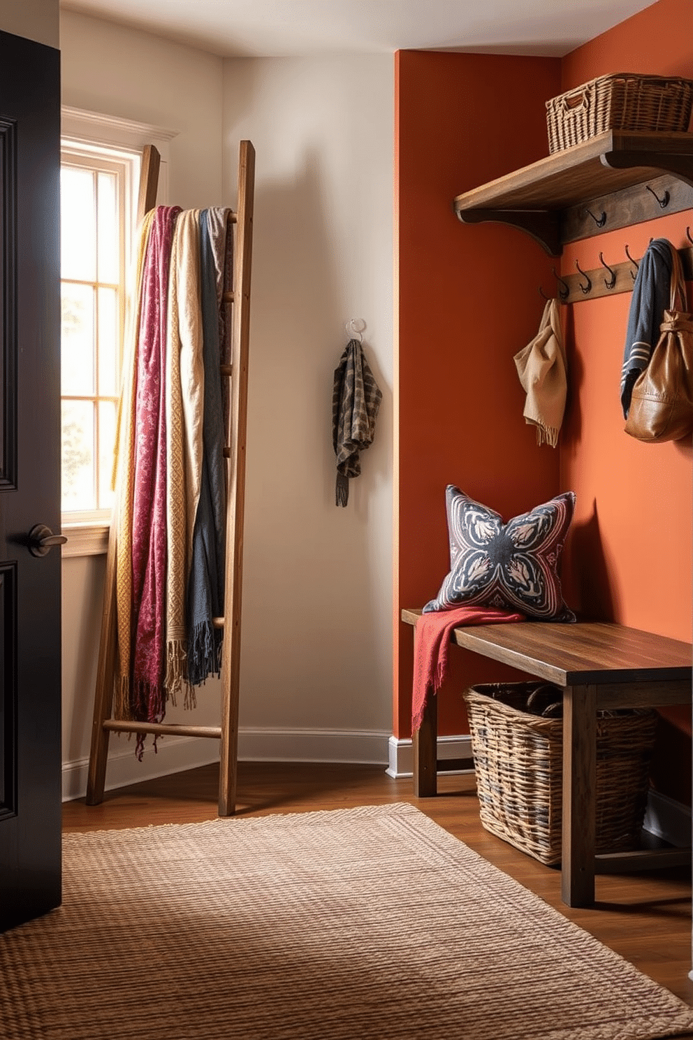 A vintage wooden ladder leans against a wall, adorned with an array of colorful scarves cascading down. The floor is covered with a cozy, textured rug, and the space is illuminated by soft, natural light streaming through a nearby window. For the Labor Day mudroom, the walls are painted in a warm, inviting shade, featuring hooks for hanging jackets and bags. A rustic bench sits against one wall, topped with decorative pillows and a woven basket for storage.