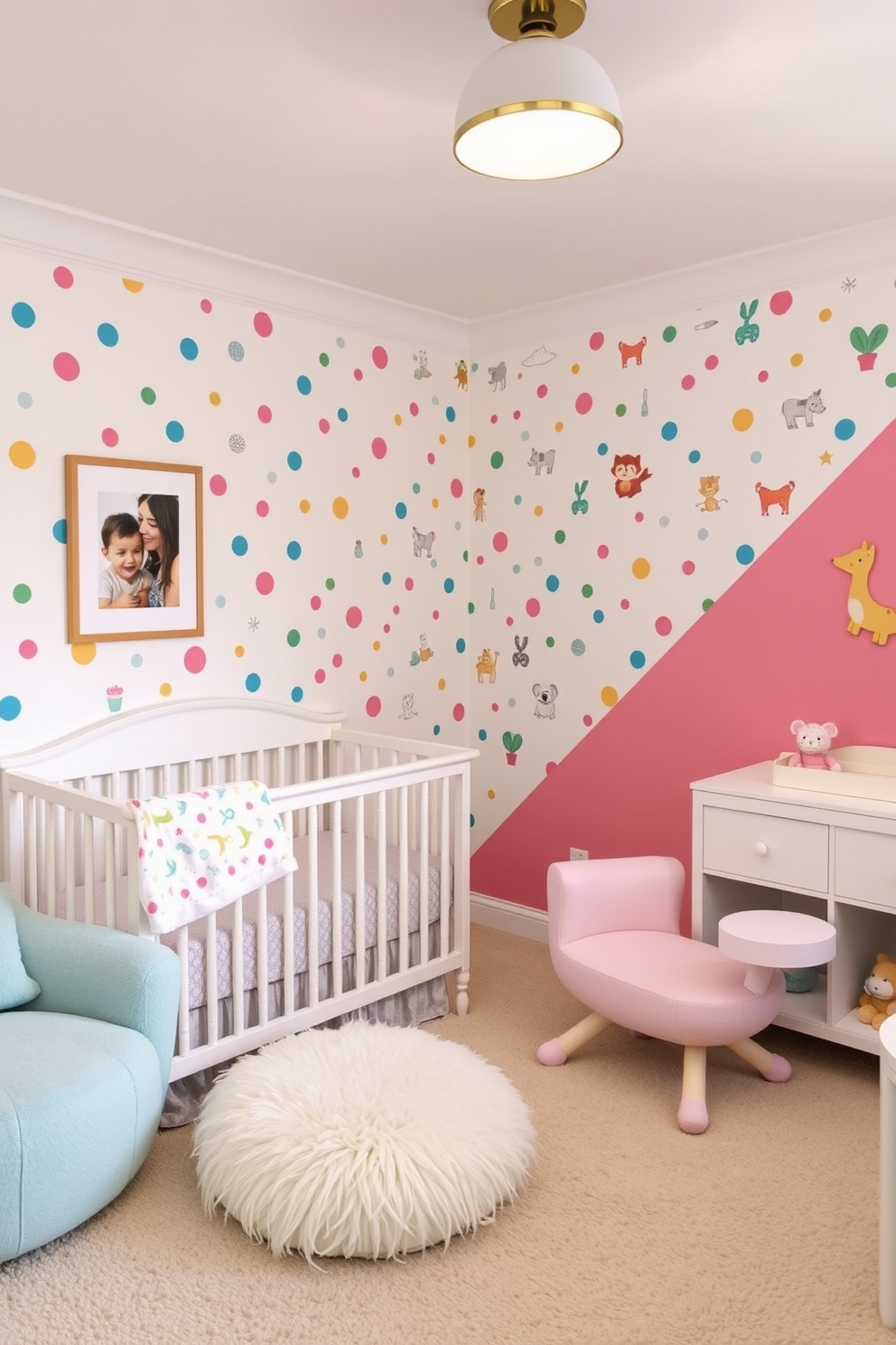 A vibrant nursery featuring a colorful accent wall adorned with playful patterns such as polka dots and whimsical animals. The room is filled with soft, plush furniture in pastel shades, creating a cozy and inviting atmosphere for children.