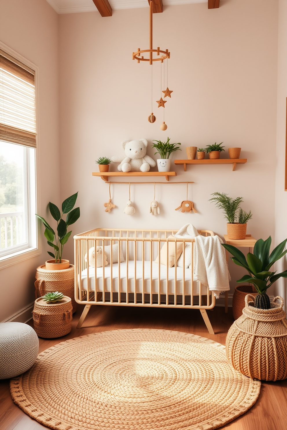 A serene nursery decorated with nature-inspired elements. The walls are painted in soft pastel colors, and there are wooden shelves filled with potted plants and plush toys. A cozy crib is positioned near a large window that allows natural light to flood the room. The floor features a soft area rug made of natural fibers, and hanging from the ceiling are whimsical wooden mobiles that sway gently.