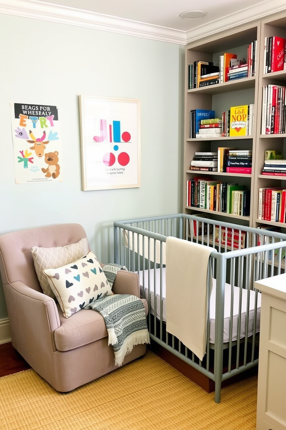 Cozy reading nook with soft cushions. A plush armchair is nestled in the corner, surrounded by tall bookshelves filled with colorful books. Labor Day Nursery Decorating Ideas. The nursery features a cheerful color palette with playful wall art and a cozy crib draped in soft linens.