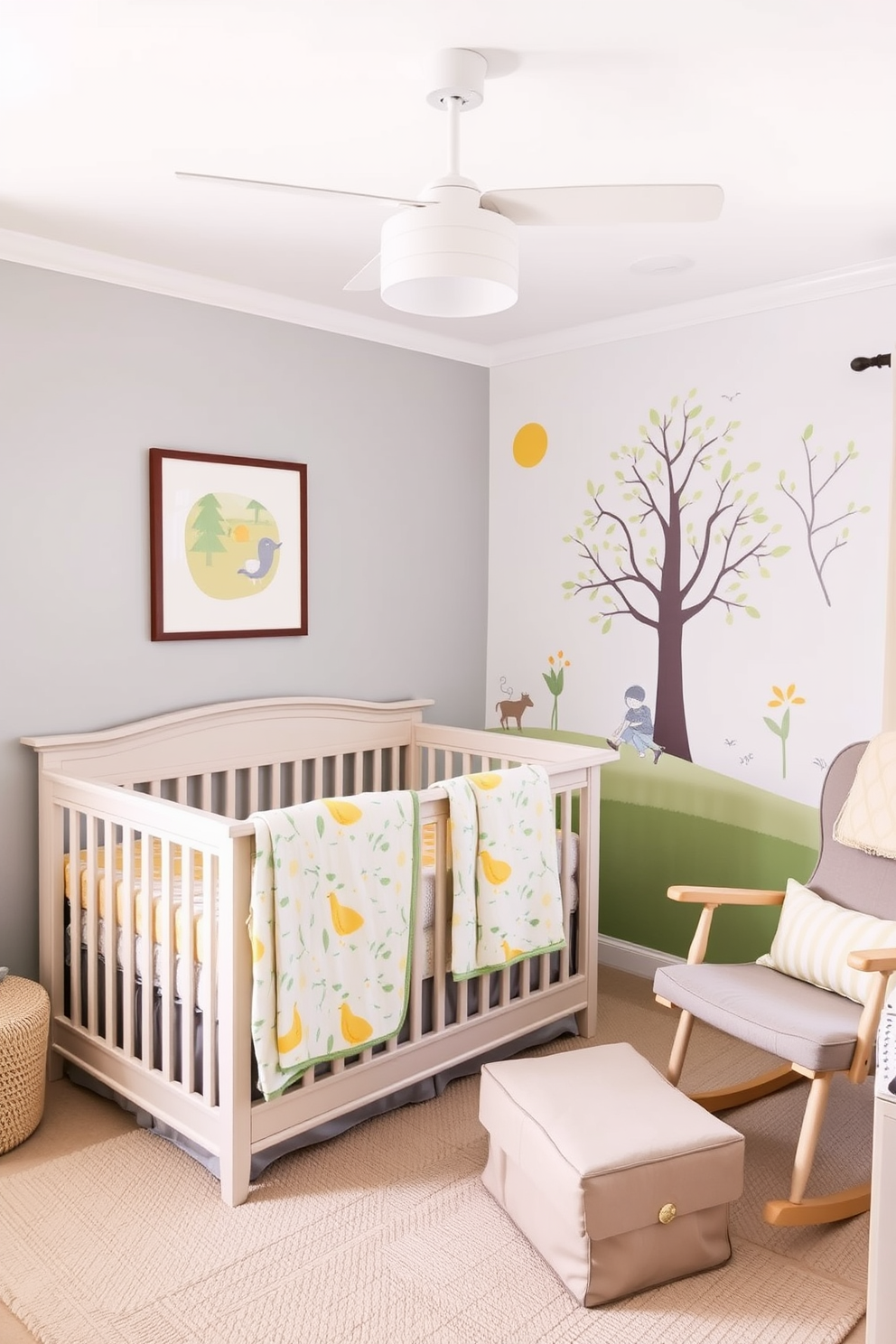 Gender-neutral decor for versatile styling. The room features a soft gray palette with accents of yellow and green, creating a calm and inviting atmosphere. Labor Day Nursery Decorating Ideas. The nursery includes a cozy crib with a lightweight quilt in cheerful patterns, alongside a comfortable rocking chair and a whimsical wall mural depicting a sunny day in the park.