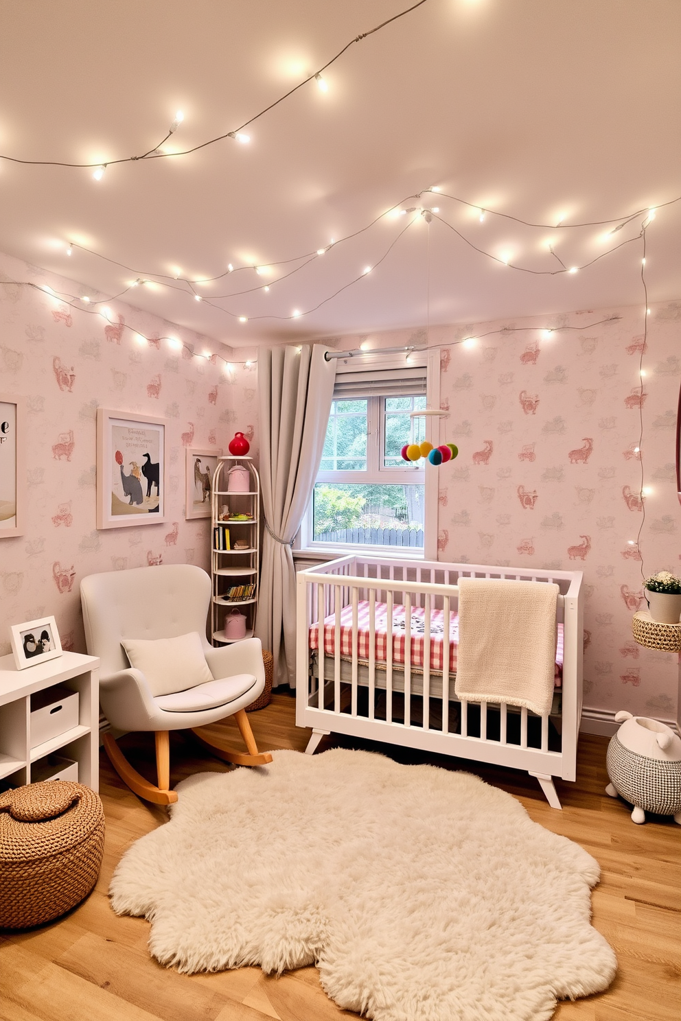 A whimsical nursery filled with soft pastel colors and playful patterns. The walls are adorned with cheerful animal-themed wallpaper, and a cozy rocking chair sits in the corner next to a small bookshelf. Creative lighting is provided by delicate fairy lights draped across the ceiling and around the window frame. A plush area rug in the center of the room adds warmth, while a mobile with colorful shapes hangs above the crib.