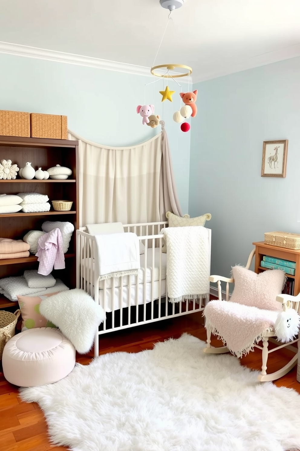 A cozy nursery filled with a mix of textures featuring soft blankets and plush pillows in pastel colors. The walls are painted a gentle light blue, and a charming rocking chair is positioned in the corner next to a small wooden bookshelf. A whimsical mobile hangs above the crib, adorned with colorful fabric shapes that sway gently. A fluffy area rug covers the hardwood floor, providing a warm space for playtime and comfort.