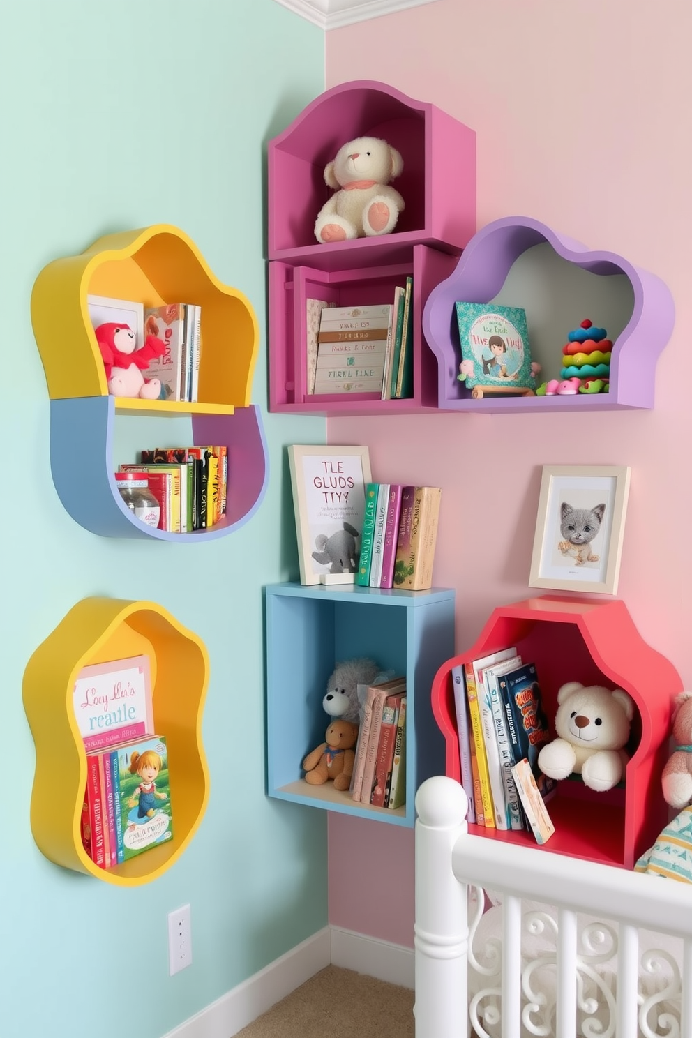 Create a whimsical nursery featuring unique shelving designed to display an array of toys and books. The shelves are crafted in playful shapes and bright colors, adding a fun and inviting touch to the space. Incorporate soft, pastel tones on the walls to create a calming atmosphere perfect for a child's room. Add decorative elements like framed artwork and plush toys on the shelves to enhance the overall theme.