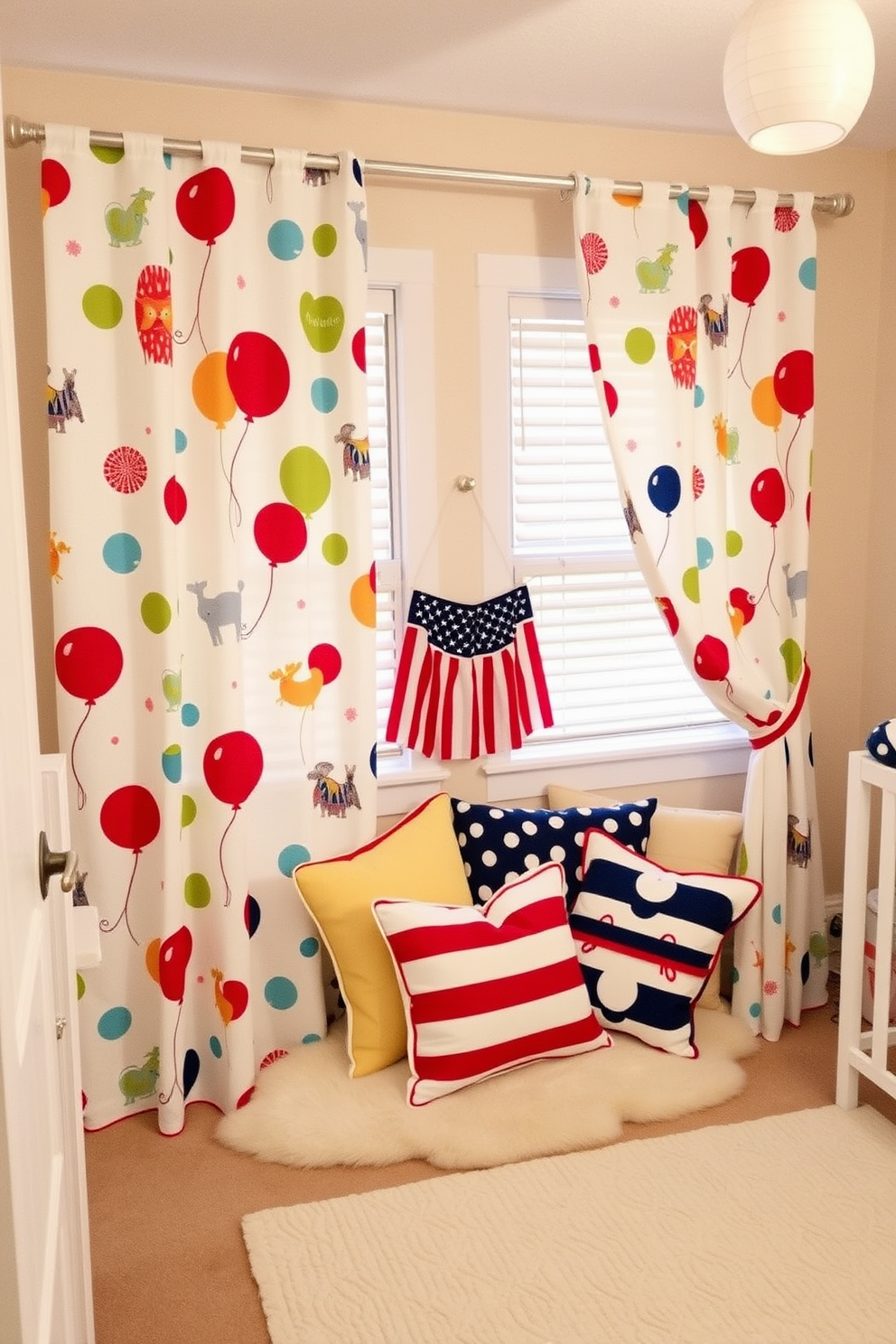 Playful curtains with fun prints create a vibrant atmosphere in the nursery. The curtains feature whimsical patterns of animals and balloons, adding a touch of joy to the space. Labor Day nursery decorating ideas include a cozy reading nook with colorful cushions and a soft rug. Incorporate red, white, and blue accents to celebrate the holiday while maintaining a cheerful and inviting environment.