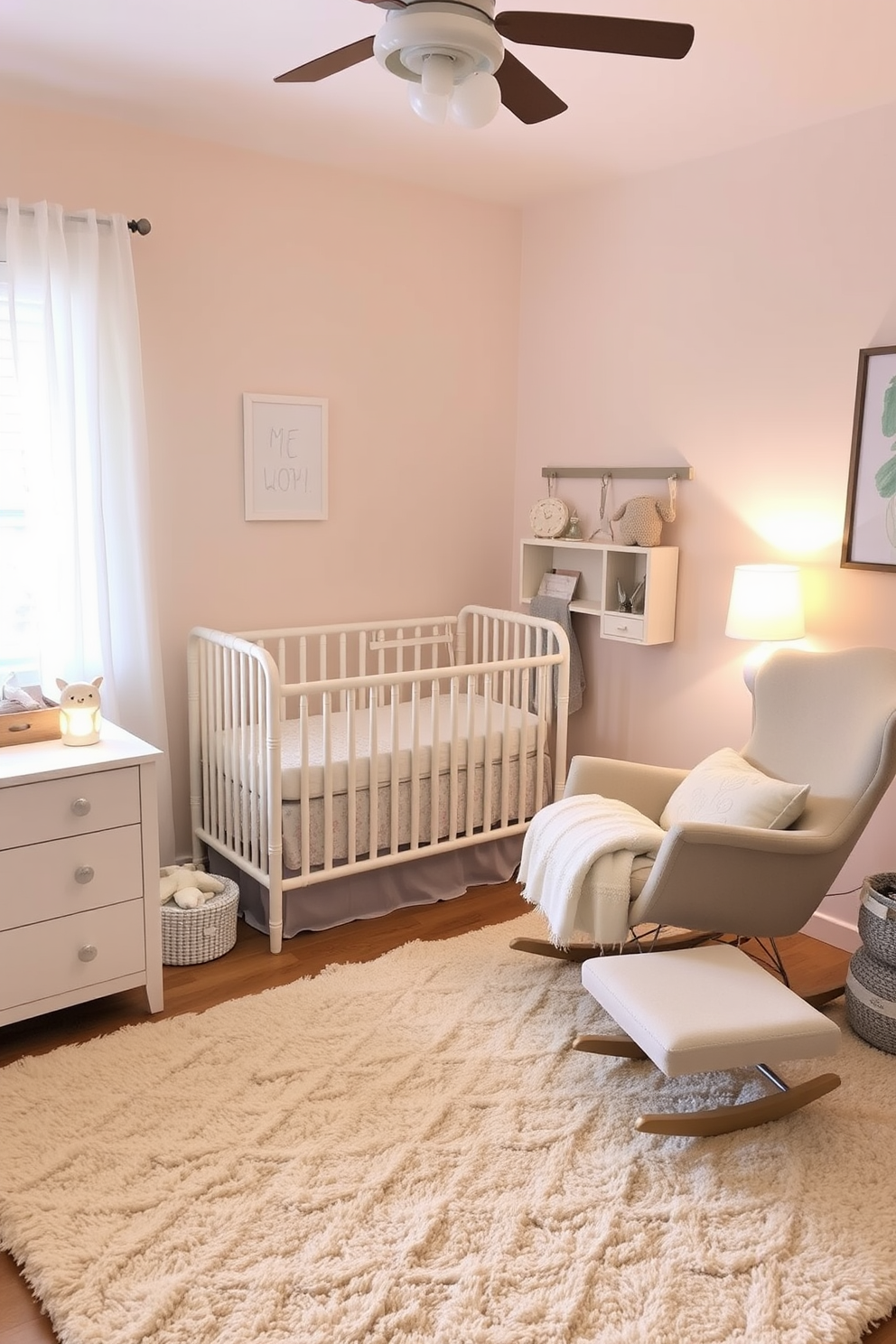 A cozy nursery designed for relaxation and comfort. Soft pastel colors adorn the walls, while a plush area rug provides warmth underfoot. A gentle nightlight casts a warm glow, creating a soothing atmosphere for bedtime. The room features a comfortable rocking chair, perfect for late-night feedings and cuddles.