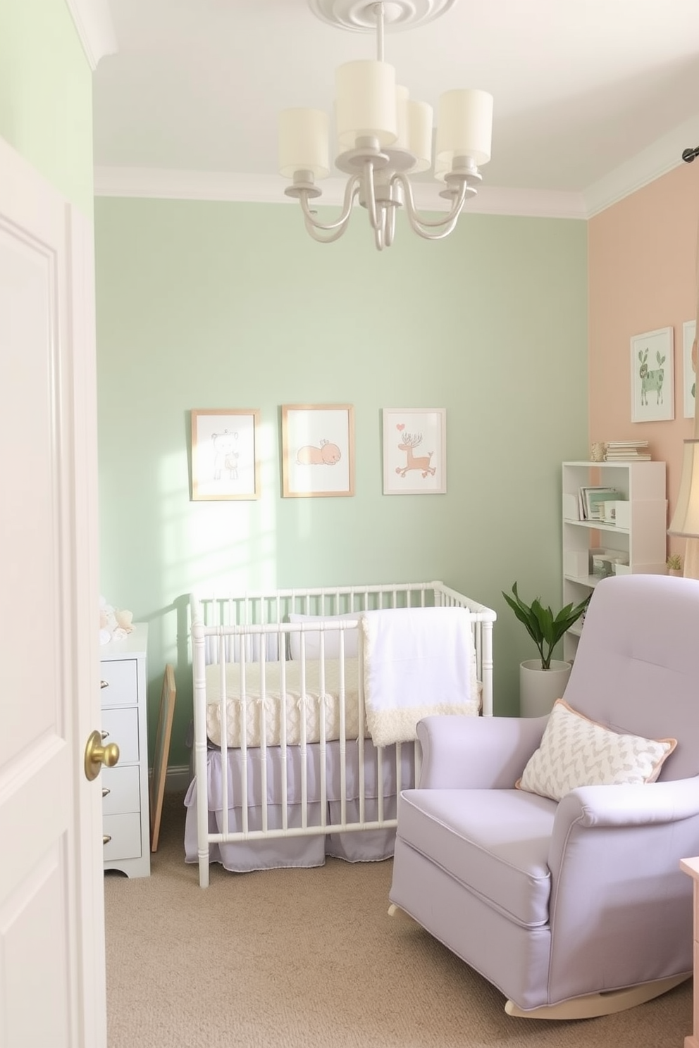 A serene nursery setting featuring soft pastel colors throughout the room. The walls are painted in a gentle mint green, complemented by a light peach accent wall. A cozy crib with a plush white bedding set sits in the center, surrounded by whimsical wall art. A comfortable rocking chair in a soft lavender hue is placed in the corner, perfect for late-night feedings.