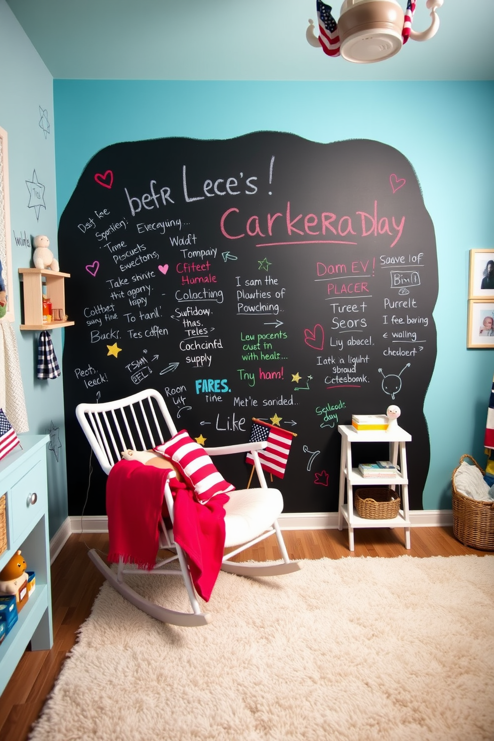 A vibrant nursery featuring an interactive wall painted with chalkboard paint. The wall serves as a canvas for creativity, adorned with colorful chalk drawings and playful messages. Surrounding the wall are soft pastel-colored furnishings, including a cozy rocking chair and a plush area rug. The decor incorporates Labor Day themes, with subtle red, white, and blue accents throughout the room.