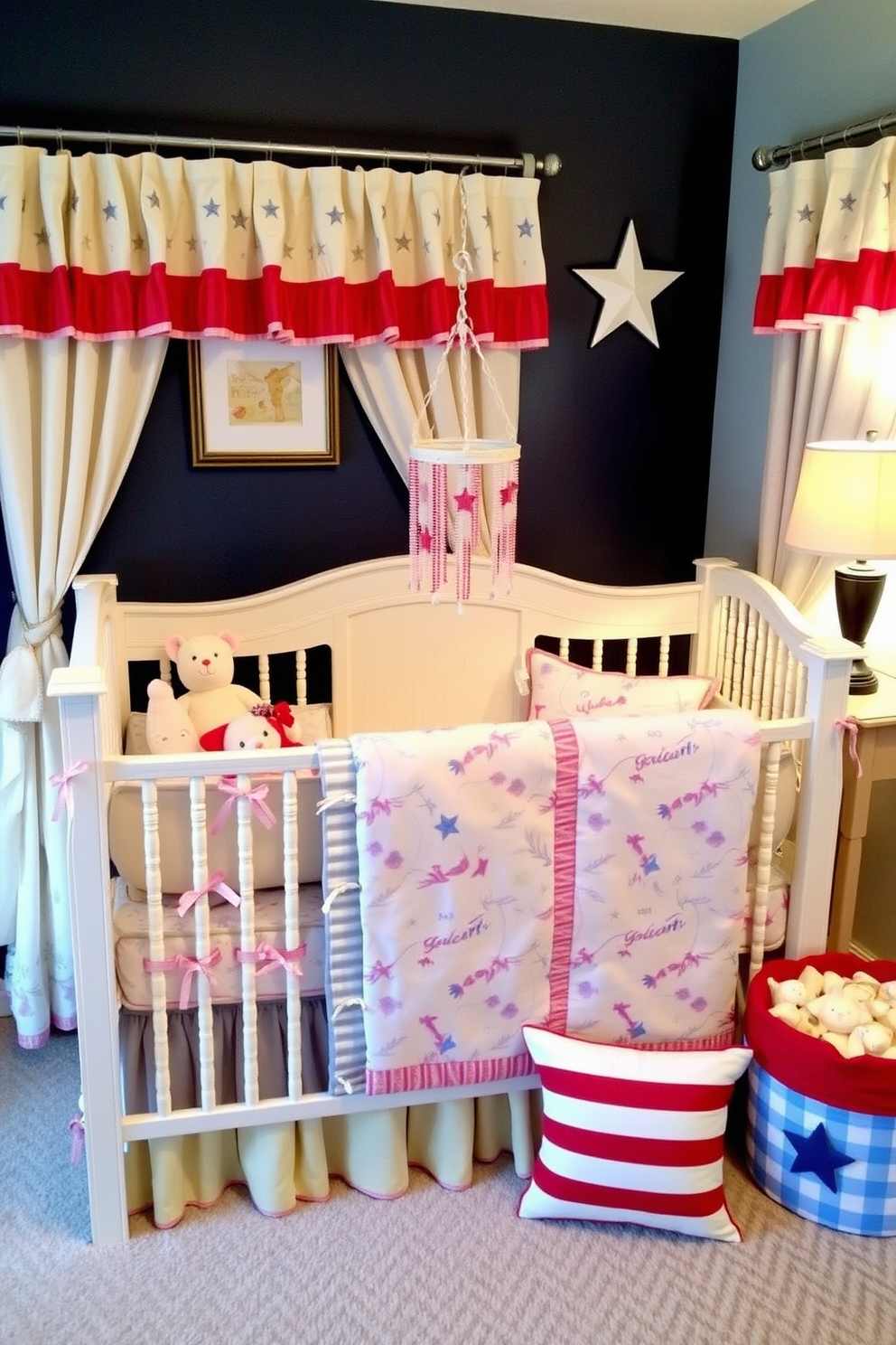 Elegant crib bedding with soft pastel colors and delicate patterns creates a serene atmosphere. Coordinating accessories include plush toys, a decorative mobile, and matching curtains that enhance the nursery's charm. Labor Day Nursery decorating ideas feature a patriotic theme with red, white, and blue accents. Incorporate star and stripe motifs in wall art, bedding, and decorative pillows for a festive touch.