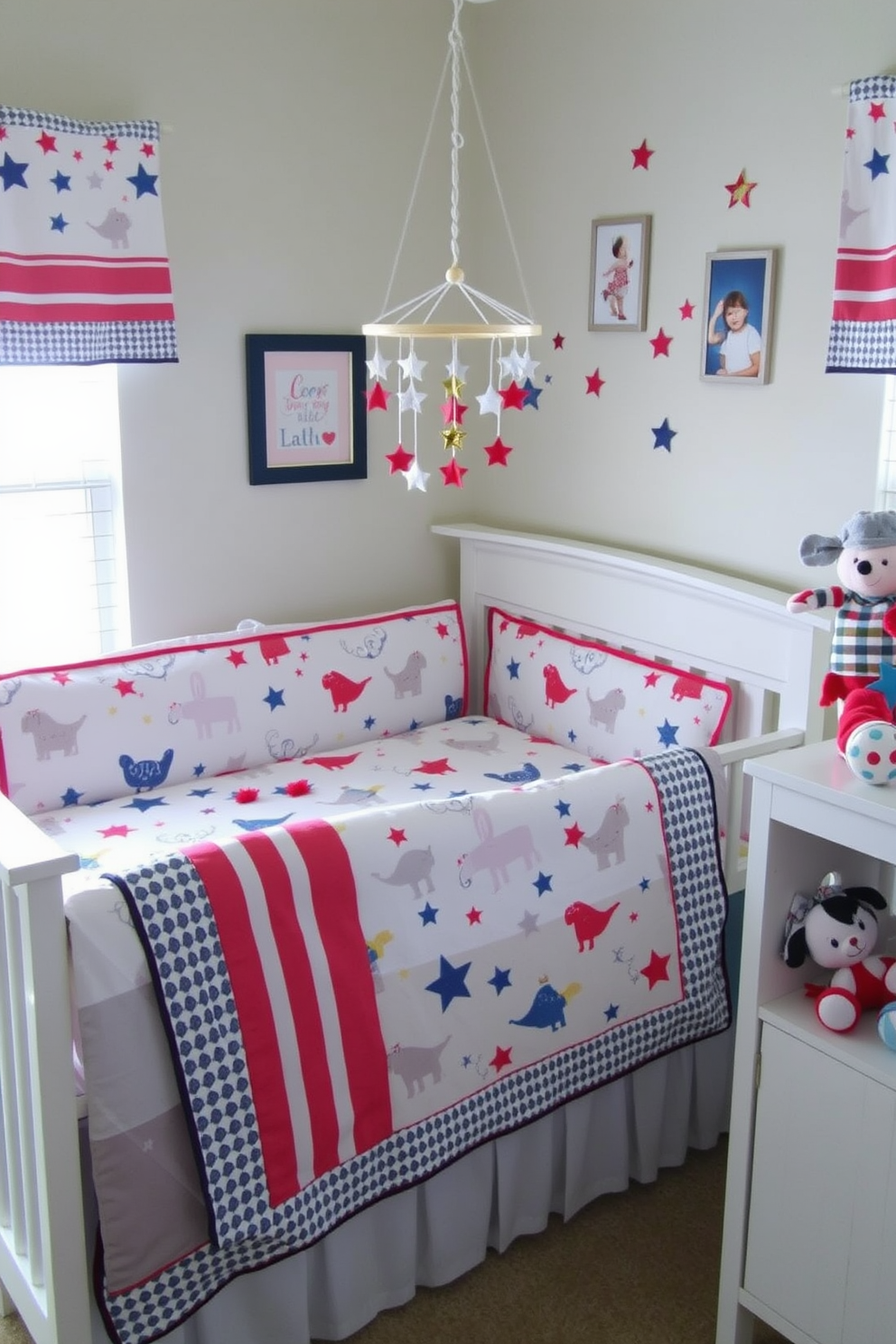 A themed bedding set featuring soft pastels and playful patterns creates a cohesive look for the nursery. The bedding includes a quilt with whimsical animal prints, matching pillowcases, and a fitted sheet that complements the overall color scheme. Labor Day nursery decorating ideas incorporate red, white, and blue accents to celebrate the holiday. Consider using star-patterned wall decals, a patriotic-themed mobile, and plush toys in festive colors to enhance the nursery's theme.