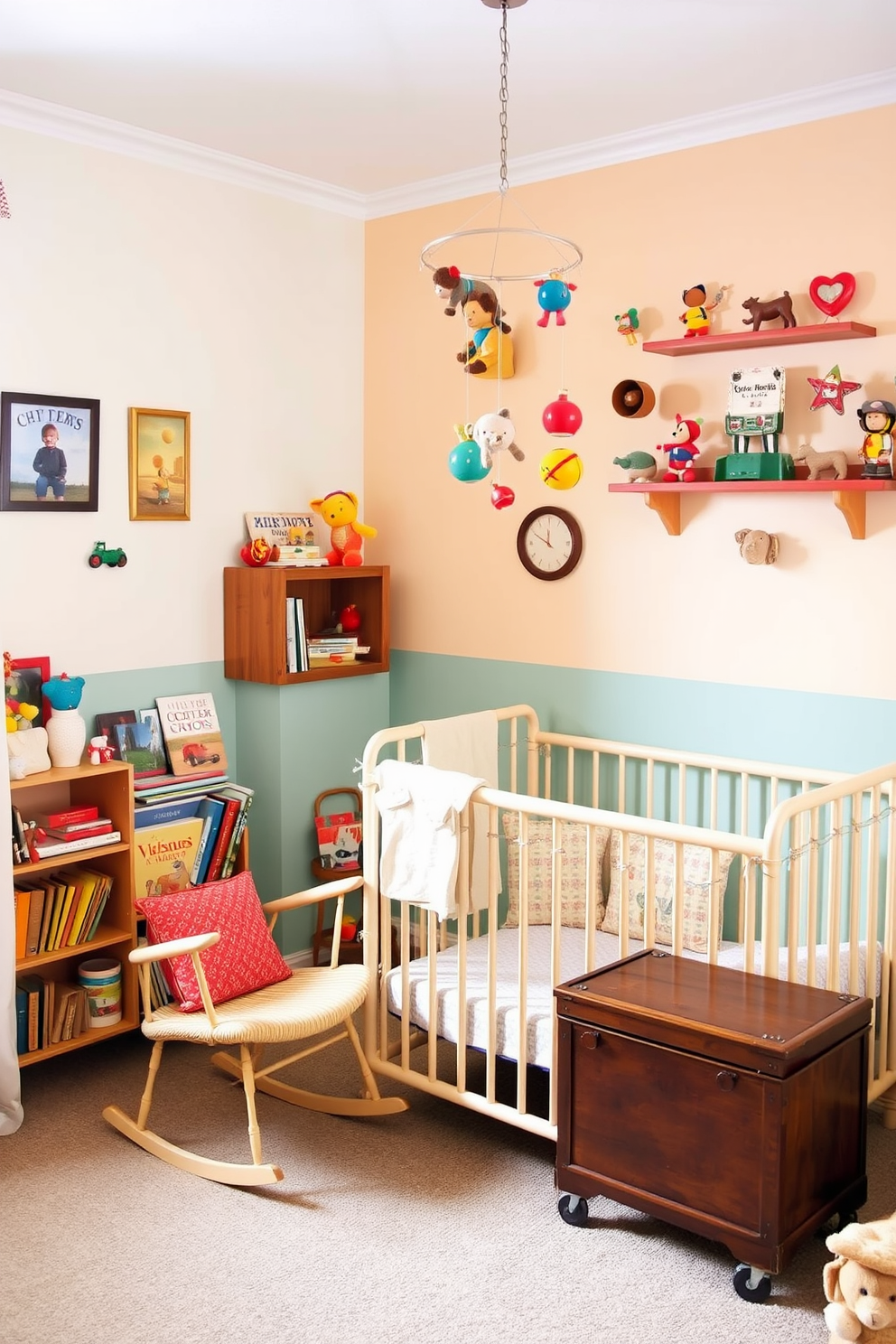 A cozy nursery filled with vintage toys as decorative accents. Soft pastel colors adorn the walls, while a charming rocking chair sits in the corner next to a small bookshelf filled with classic children's books. A whimsical mobile hangs above a crib, featuring plush animals and retro toy designs. A vintage toy chest in a warm wood finish adds character and provides storage for beloved playthings.