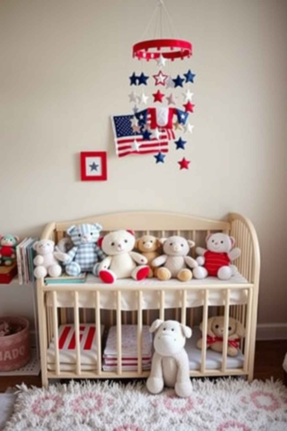 Adorable stuffed animals arranged on a cozy shelf create a whimsical and inviting atmosphere in the nursery. Soft pastel colors dominate the space, with plush toys nestled among books and decorative accents. Labor Day nursery decorating ideas feature a patriotic theme with red, white, and blue accents. A charming mobile hangs above the crib, adorned with stars and stripes, while a cozy rug adds warmth to the playful environment.