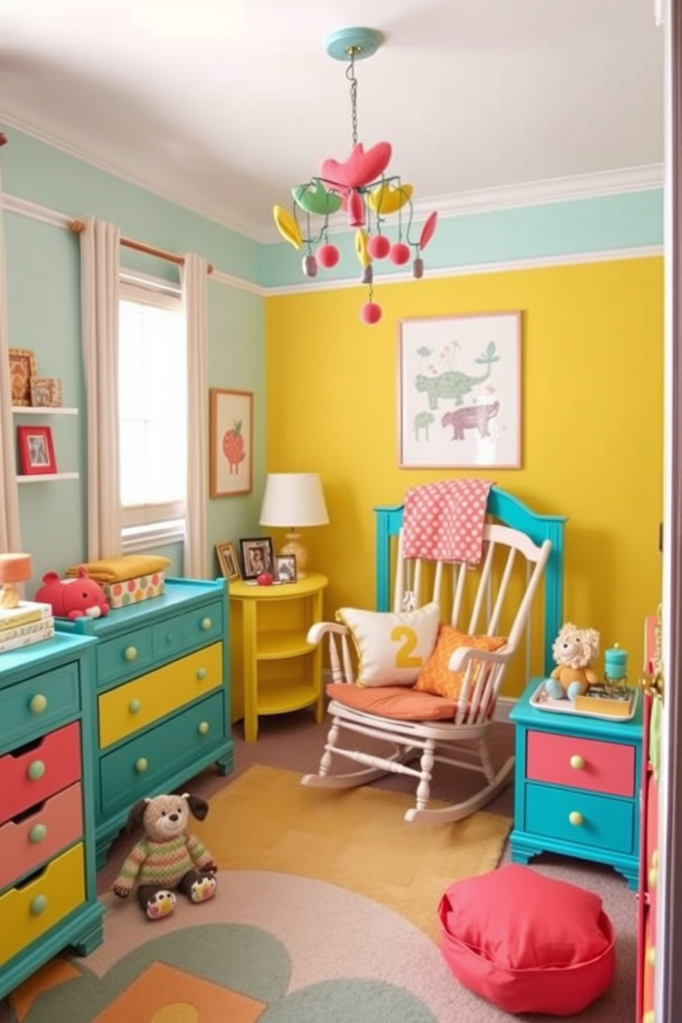 Brightly colored furniture fills the nursery, featuring a vibrant mix of teal, yellow, and coral pieces that create a cheerful and inviting atmosphere. A cozy rocking chair sits in one corner, surrounded by playful wall art and plush toys, enhancing the joyful ambiance of the space. The walls are painted in soft pastels, providing a gentle backdrop for the lively furniture. A whimsical mobile hangs from the ceiling, adding a touch of fun and excitement to the nursery decor.