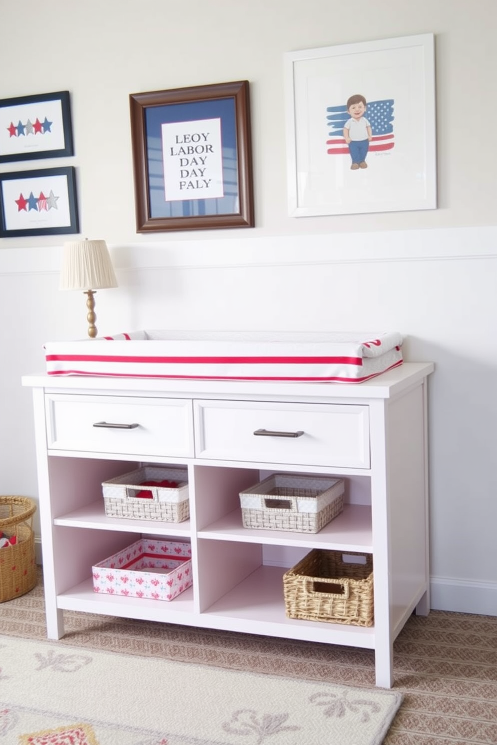 Stylish changing table with ample storage featuring a sleek design in a soft pastel color. The table is equipped with spacious drawers and open shelves, adorned with decorative baskets for organization. Labor Day nursery decorating ideas include a cheerful color palette of red, white, and blue. The walls are decorated with playful patterns and framed art that celebrate the spirit of the holiday.