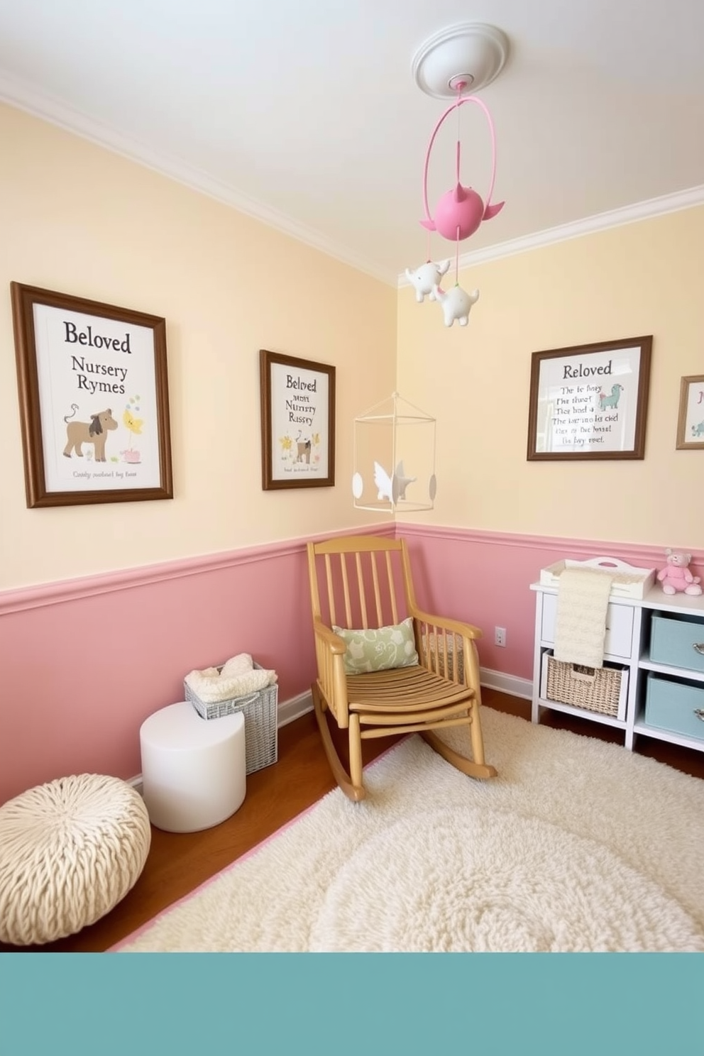 A charming nursery adorned with framed artwork featuring beloved nursery rhymes. The walls are painted in soft pastel colors, creating a soothing atmosphere for children. Cozy accents include plush rugs and a comfortable rocking chair in the corner. A whimsical mobile hangs from the ceiling, complementing the playful theme of the room.