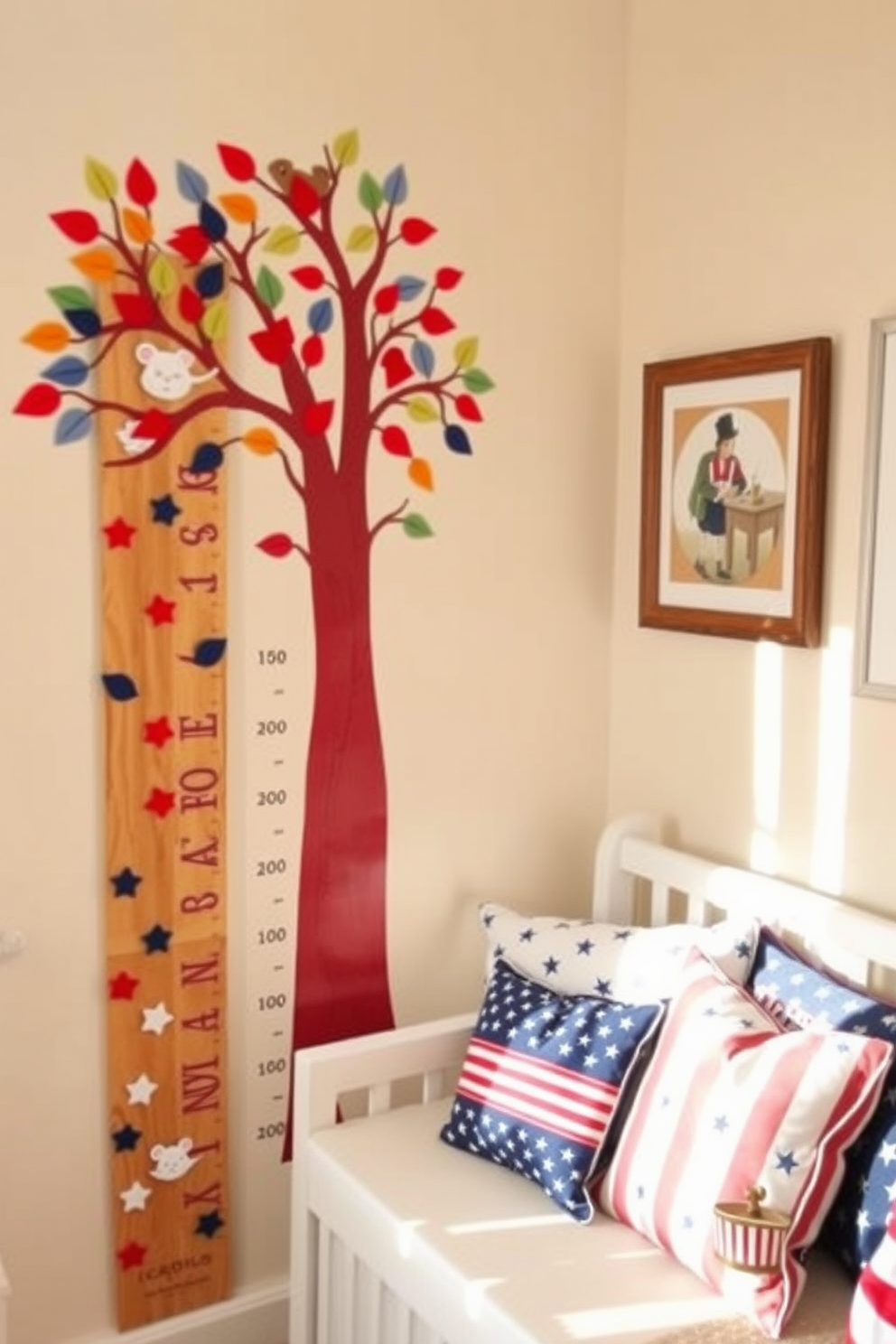 A customized growth chart designed as a playful tree with colorful leaves and animal motifs. The chart features marked milestones for height tracking, making it a charming addition to a nursery. Labor Day nursery decorating ideas include a cozy reading nook with patriotic-themed cushions and wall art. Soft lighting and a red, white, and blue color palette create a festive yet calming atmosphere.