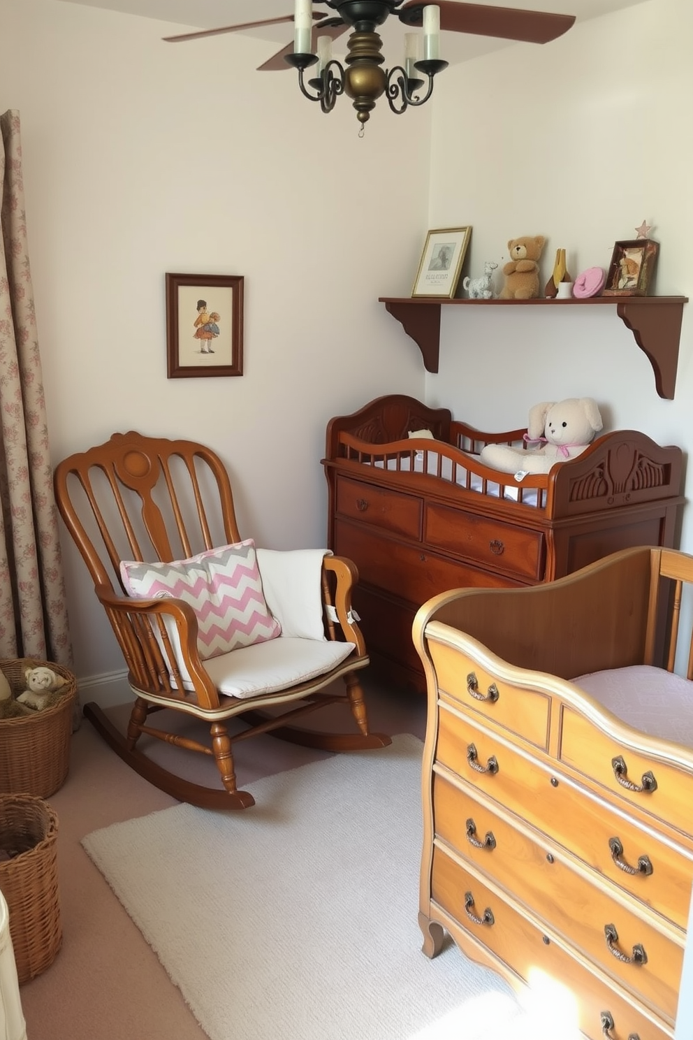 A cozy nursery featuring vintage furniture that adds a charming touch. The room includes a beautifully restored rocking chair and a classic wooden crib with intricate detailing. Soft pastel colors adorn the walls, creating a warm and inviting atmosphere. A vintage dresser with ornate handles provides storage, complemented by whimsical decor items on the shelves.