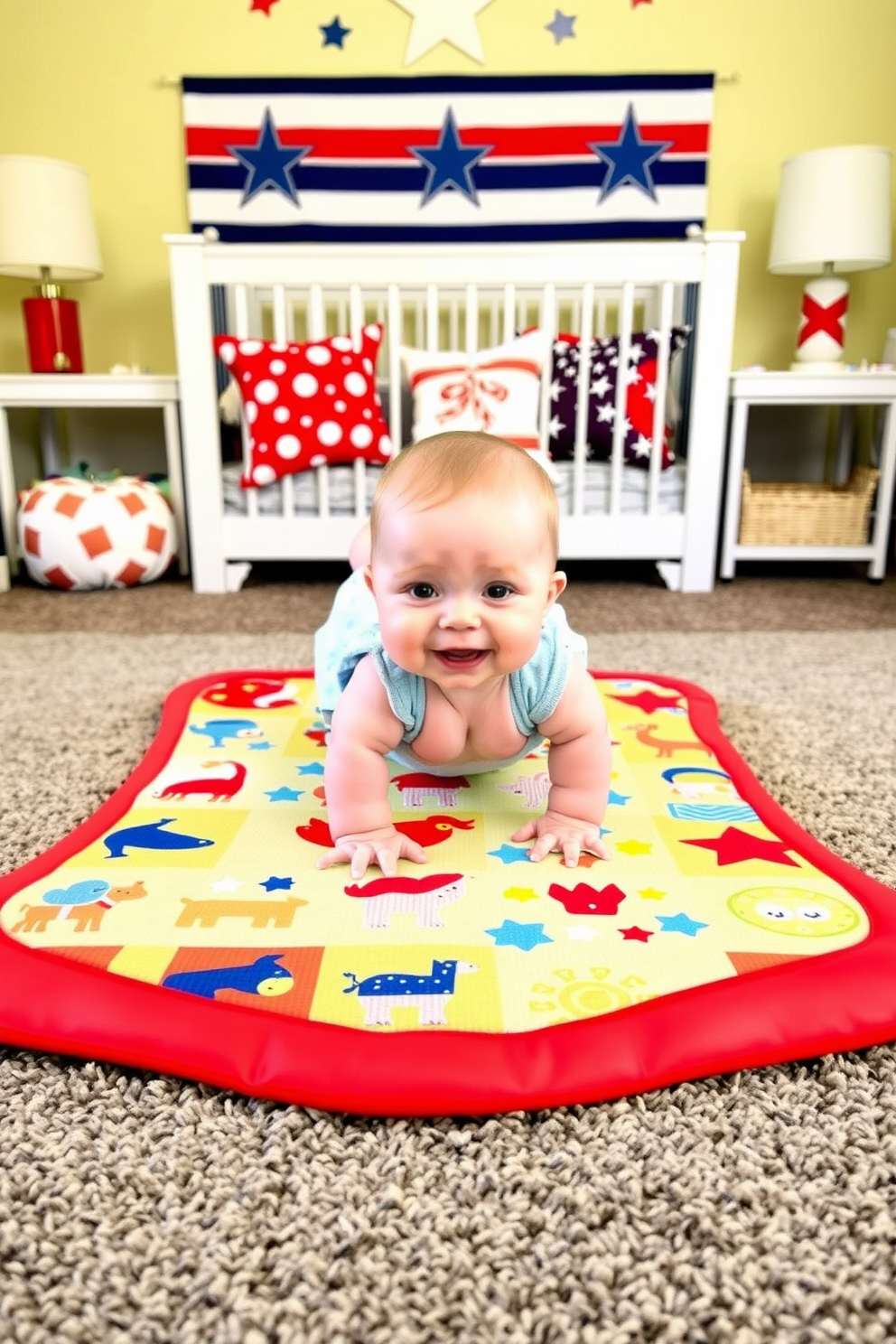 Brightly colored playmat for tummy time. The playmat features vibrant patterns with animals and shapes that stimulate visual development. Labor Day nursery decorating ideas. Incorporate red, white, and blue accents with playful star motifs and comfortable seating for parents.