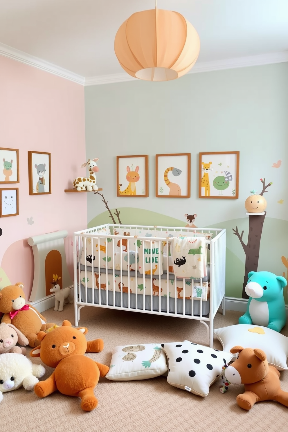 A whimsical nursery filled with animal-themed decor. The walls are painted in soft pastel colors, adorned with playful animal murals and framed prints of various cute creatures. A cozy crib with a patterned animal-themed bedding set sits in the center of the room. Plush toys and cushions in the shapes of different animals are scattered around, creating a fun and inviting atmosphere.