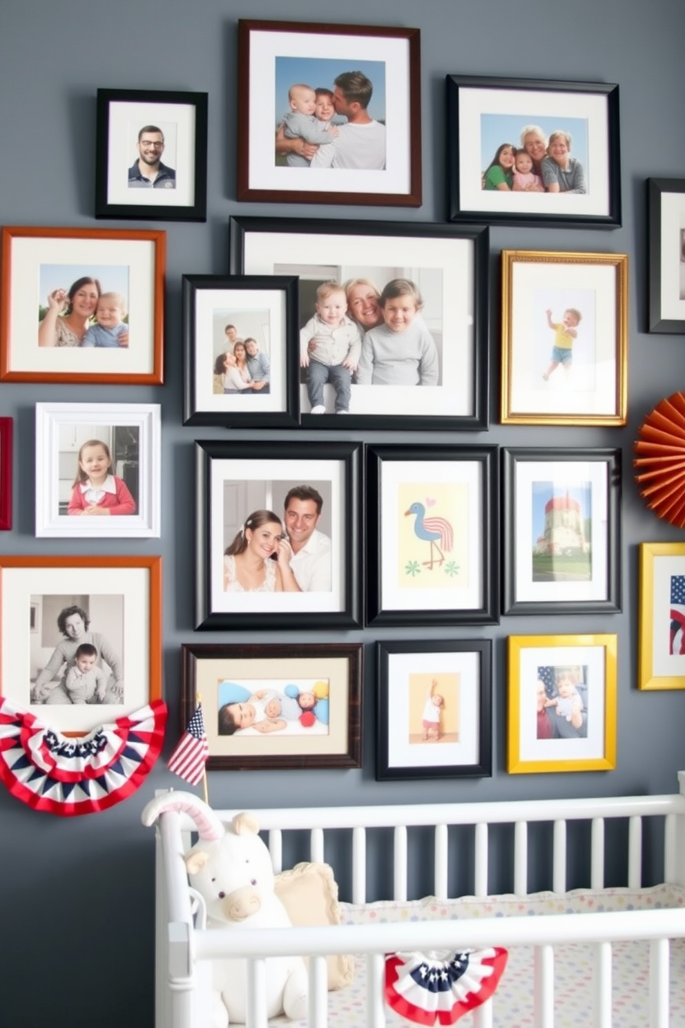 A gallery wall featuring a mix of family photos and vibrant artwork. The arrangement includes various frame sizes and styles, creating a dynamic and personalized display. Labor Day nursery decorating ideas that incorporate playful colors and festive themes. Soft pastel tones are paired with cheerful decorations, creating a warm and inviting atmosphere for a child's space.