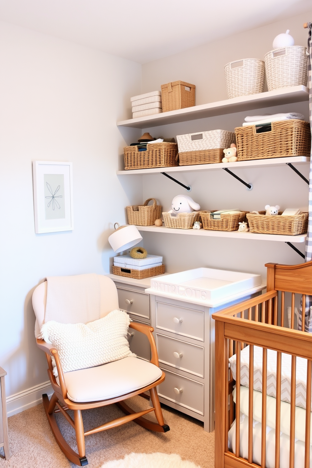 A stylish nursery designed for comfort and functionality. The room features a soft pastel color palette with a cozy rocking chair in the corner and a wooden crib adorned with plush bedding. Creative storage solutions are integrated throughout the space to minimize clutter. Shelves are mounted above the changing table, filled with neatly organized toys and essentials in decorative baskets.