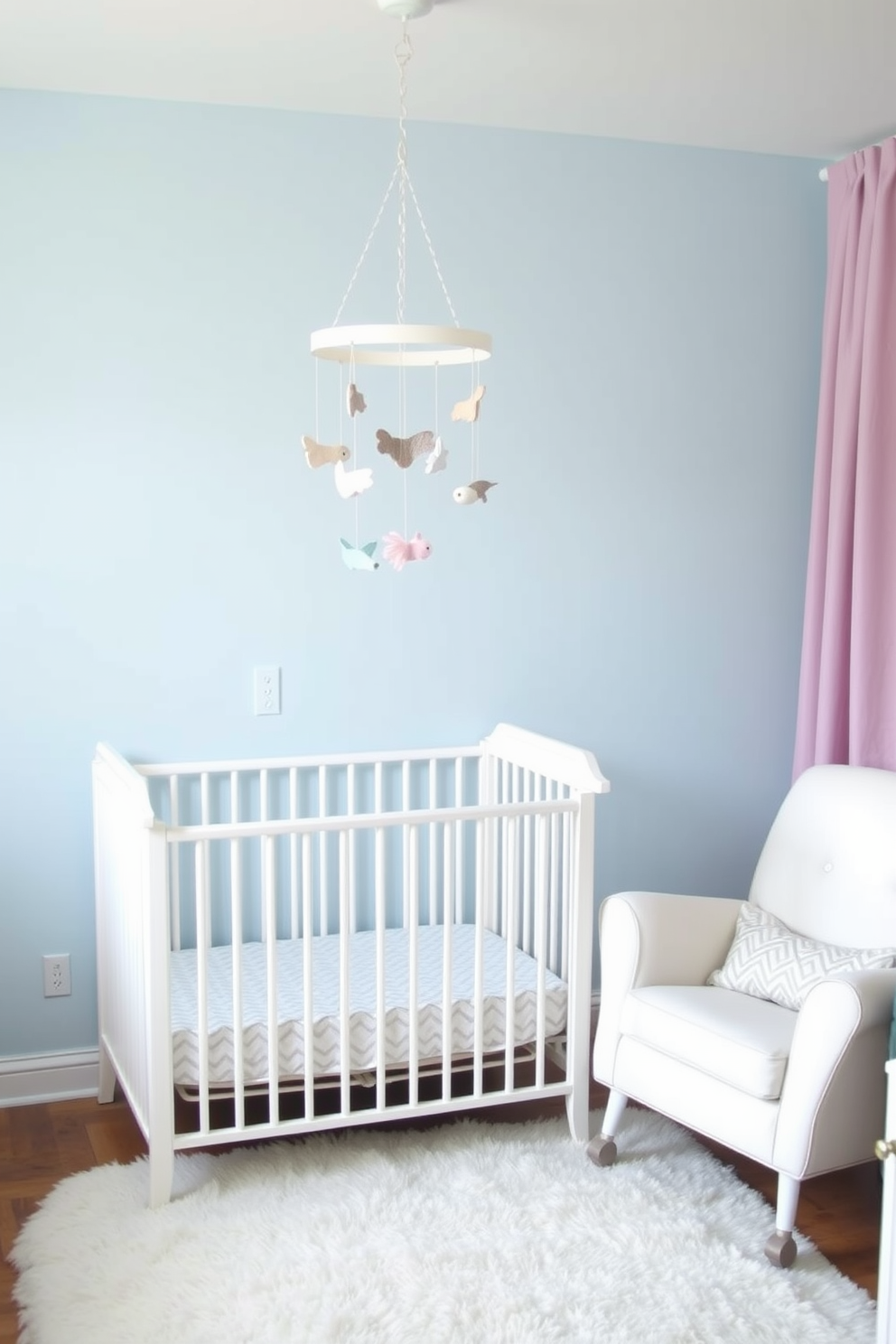 A charming nursery featuring a DIY mobile hanging gracefully above a cozy crib. The mobile is crafted from soft pastel colors, with whimsical shapes that gently sway in the breeze. The walls are painted in a soothing light blue, complemented by a plush area rug in soft white. A comfortable rocking chair sits in the corner, inviting moments of quiet reflection and bonding.